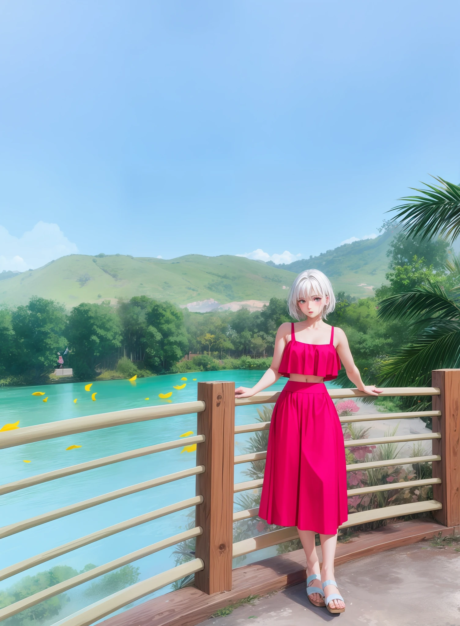 realistic, 1girl, white hair, purple eyes, glowing eyes, crop top, skirt, parted lips, blush, night, flowers, sun, sunlight,