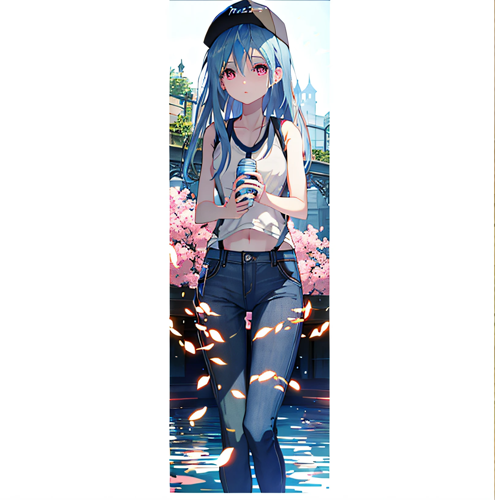 1 girl,White and tender skin,Blue hair,long whitr hair,largeeyes,There is light in the eyes,Perfect figure,prette,White baseball cap,whitet-shirt,in pink,peaches,shorter pants,denim short,Holding a drink bottle in his hand,pulsating,Eau,stood in the water,water,water bloom,8K,poster for,MagazineCover
