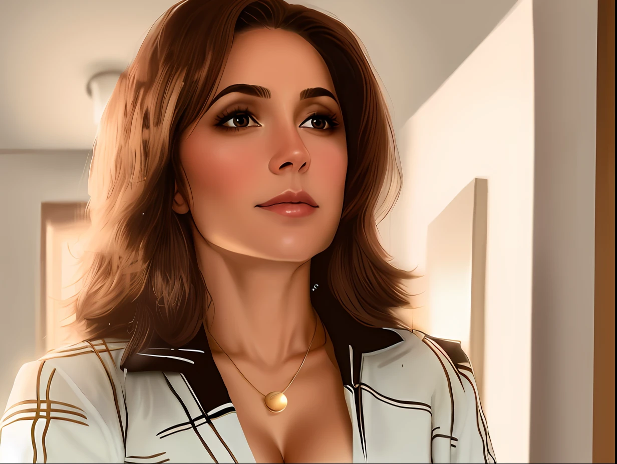 um close up de uma mulher (Cabelos castanhos )de camisa preta e branca