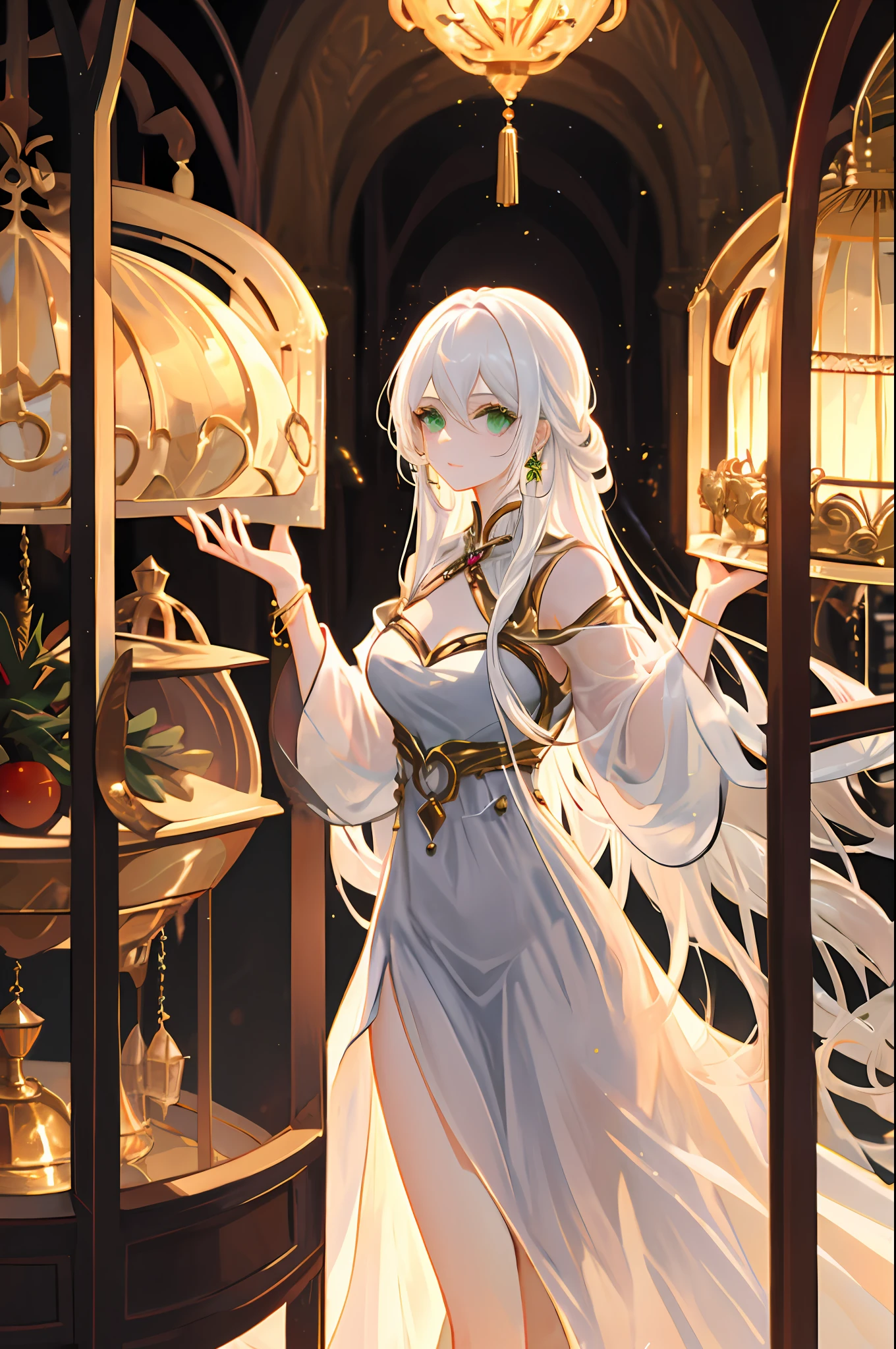 high-definition picture quality, Extreme refinement, Girl with white hair and green eyes,Locked up in a golden giant bird cage, Atmospheric sky, Luxurious jewelry, Noble and gorgeous white long dress, Luxurious golden light, Unique temperament。