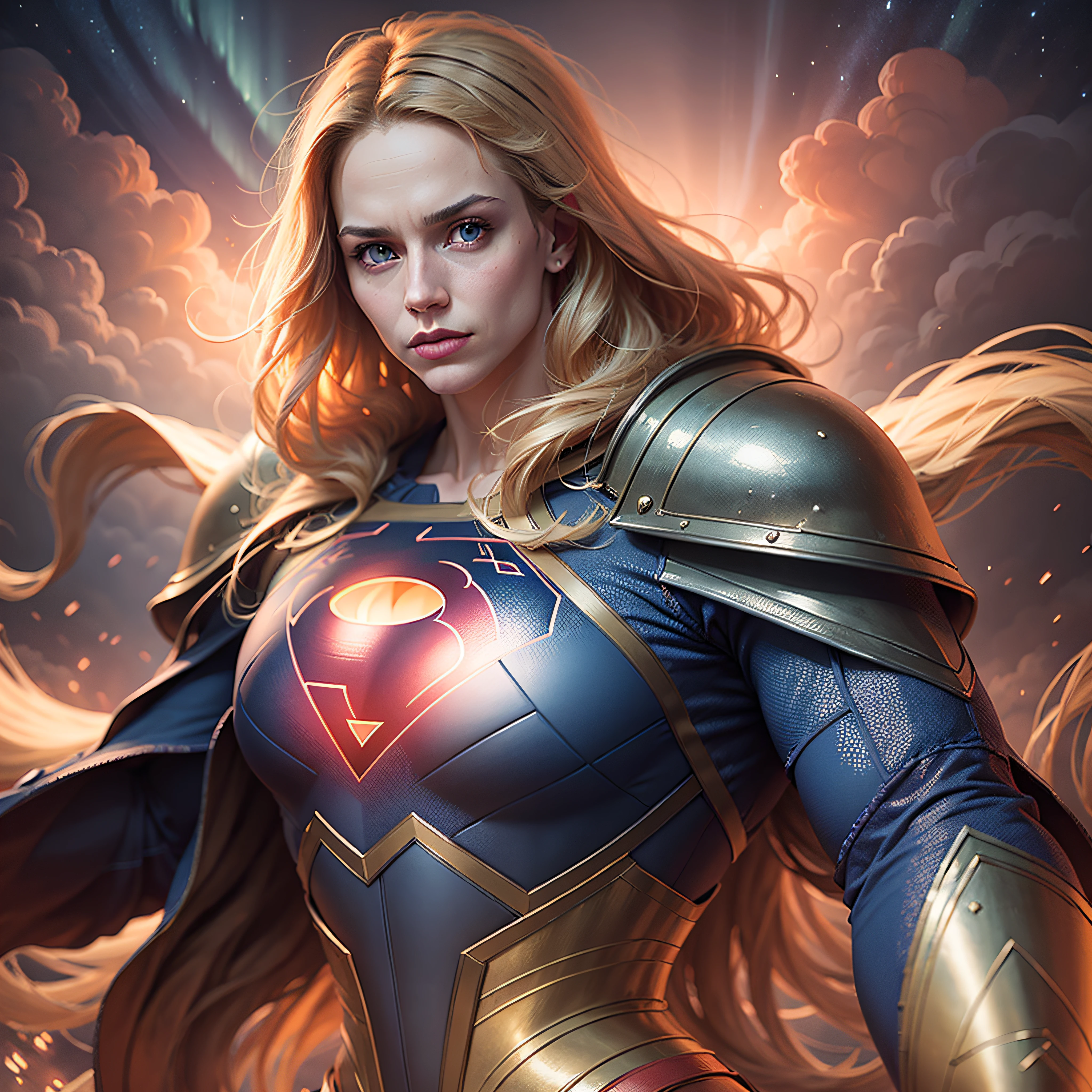 A mighty, agressive, gloomy Superman, blue eyes, long blonde hair, 4k, highly detailed armor, orange beige and golden details, artstation, hyperdetailed, 8k, beautiful lighting, artstation by Michelangelo, hyperdetailed, over the shoulder, fractal, vibrant colors, realistic art , 8k resolution, clear shape, defined shape, full body, fortress of solitude on background, northern lights on a night sky.