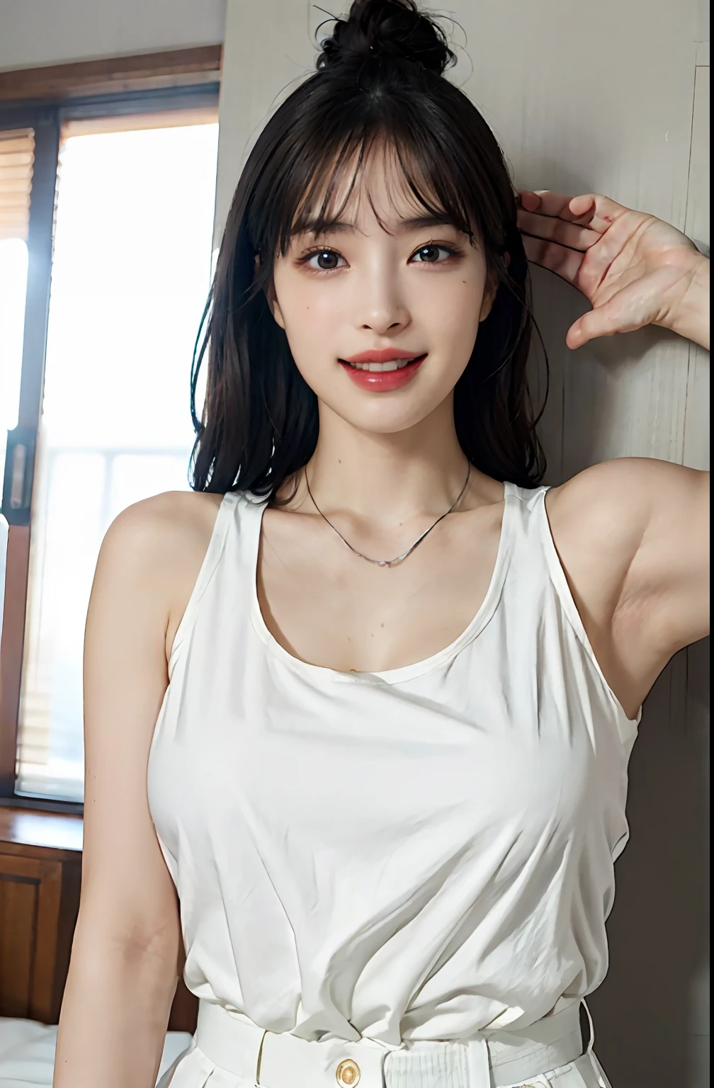 (A hyper-realistic), (illustratio), (hight resolution), (8K), (ighly detailed), (The best illustrations), (beatiful detailed eyes), (top-quality), (ultra-detailliert), (masterpiece), (wall-paper), (详细的脸), a bed、Upper body close-up,Armpit, A smile,Plump,独奏,Girl in white tank top with open chest, full of sweat, japanes, large full breasts, (camel's toe)、huge-breasted、Detailed, well-groomed white teeth、Ultimate Beauty、shot on the Canon EOS R 6、full of sweat、(beautiful detailed teeth)、Silver necklace、Park with sunshine、Perfect and beautiful female hands、Perfect tooth alignment、Perfect fingers、