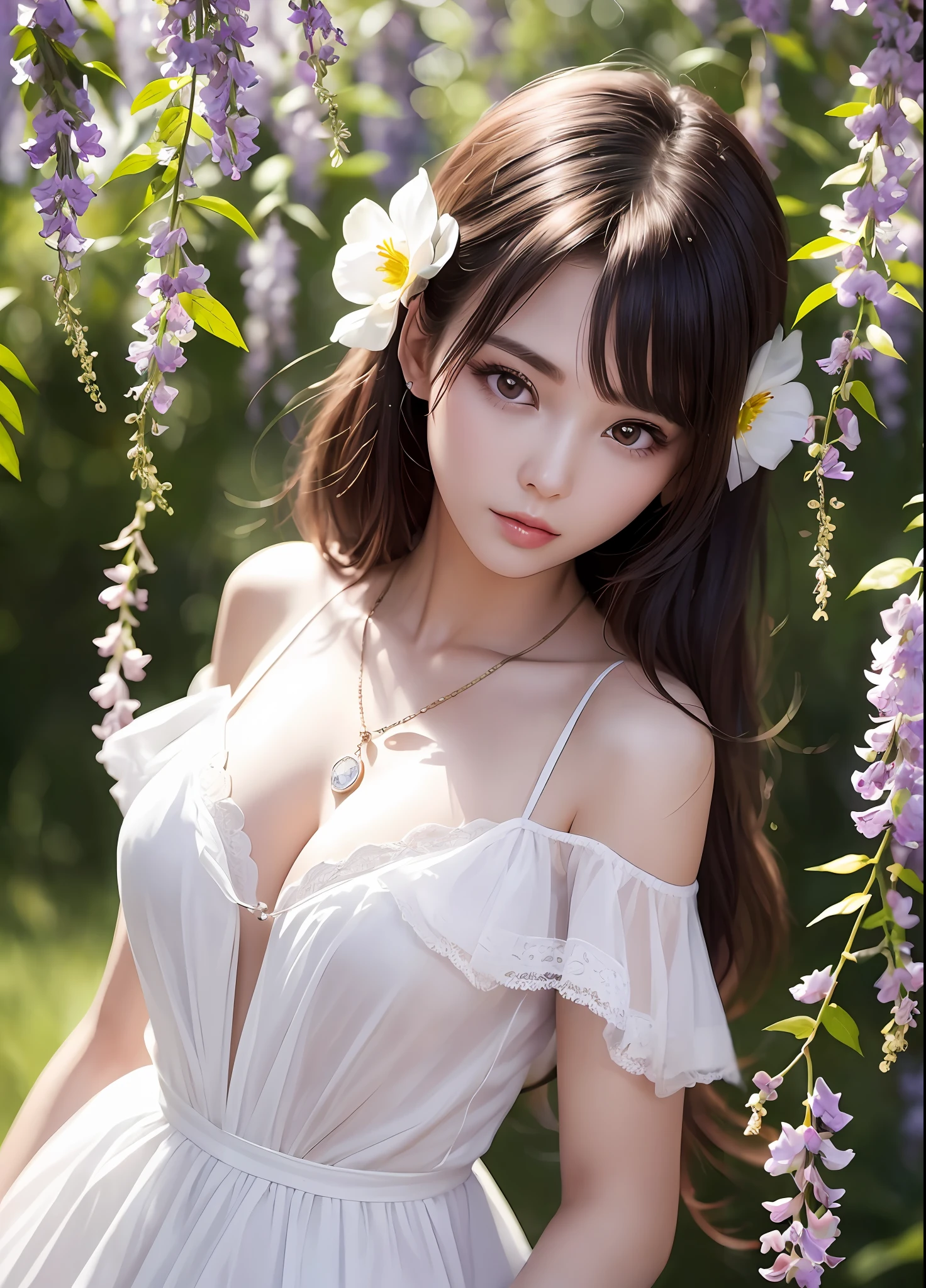Beautuful Women、(top-quality、in 8K、32K、masterpiece、nffsw:1.3)、(Photorealsitic:1.4)、realisitic:1.2、Detailed skin、Elegance、top grade、Sunglare、lensflare、Detailed shading by sunlight、depth of fields、blurry backround、( White off-the-shoulder dress)、Wisteria shelf、Wisteria flower background、ear ornament、lady's、a necklace、(A sexy:1.2)、breastsout、