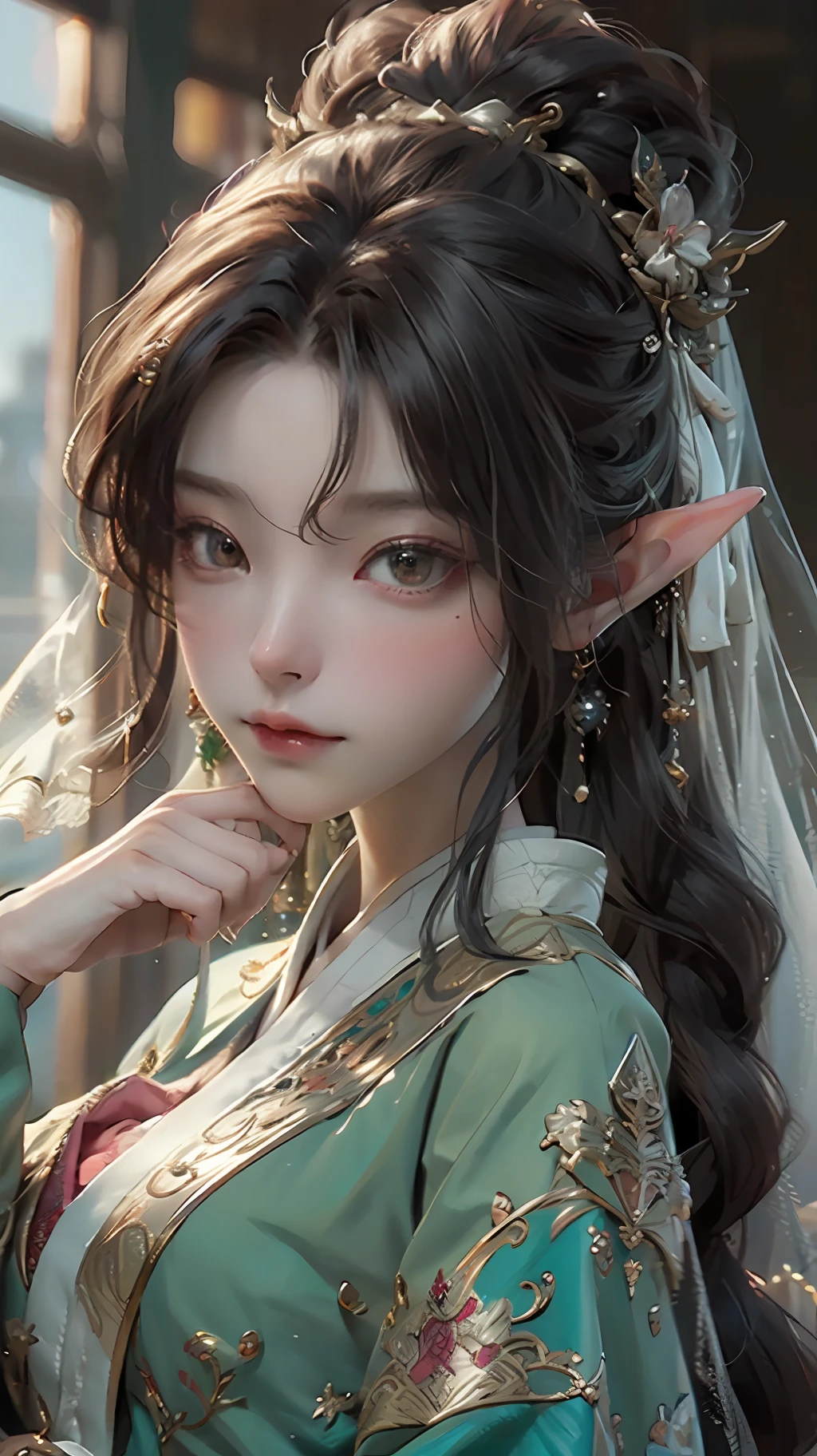 Close-up of a woman wearing a tie and veil, a character portrait inspired by Lan Ying, art stations, Fantasy art, a beautiful fantasy empress, a beautiful fantasy empress, Fantasy art style, beautiful and elegant elf queen, Portrait Chevaliers du Zodiaque Fille, Detailed digital anime art, queen of the sea mu yanling, 8K high quality detailed art