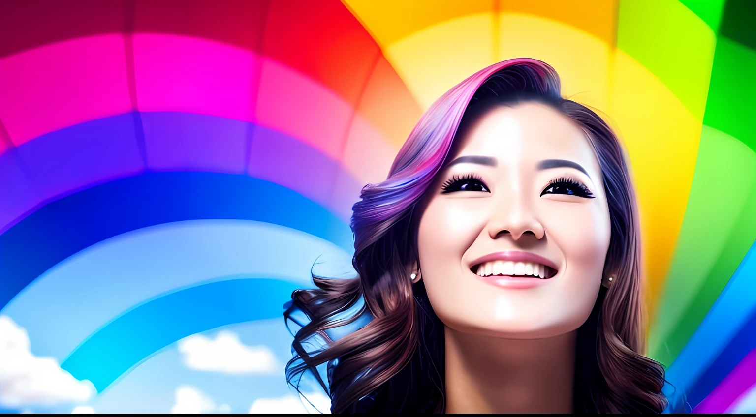 Fully groomed face woman in her 20s looking up at rainbow in the sky、Full body image of a woman、hyper realistic photography、 --auto