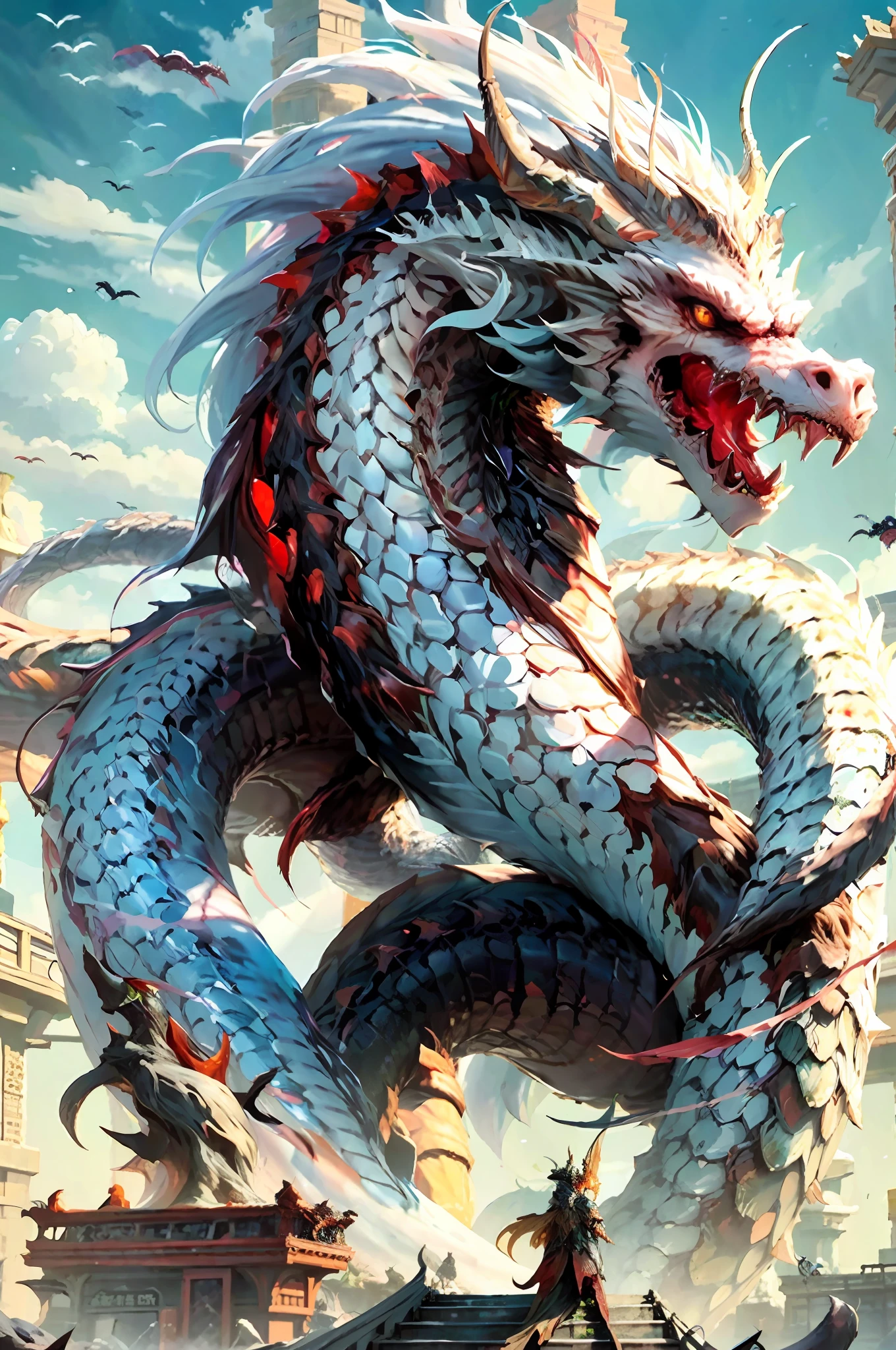 a painting of a dragon with a long tail and a long tail, jormungandr, dragon art, sea serpent, chinese dragon concept art, naga-tirr, majestic japanese dragon, hydra, dragon snake with wings, great mystical winged serpent, colossal dragon as background, oil painting of dragon, jörmungandr, dragon, loong