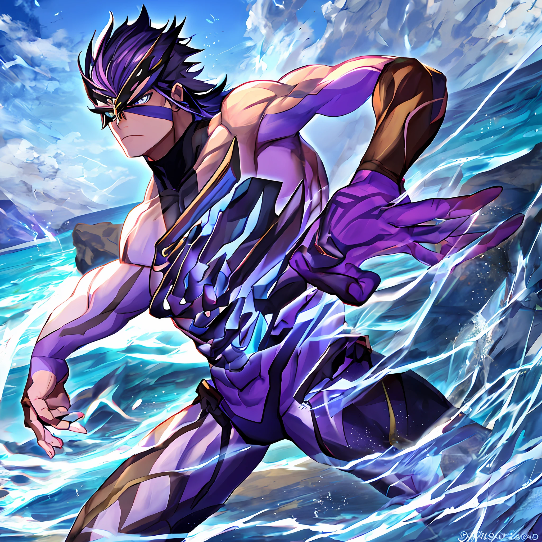 Anime character with 2 human arms and two other purple arms protruding out of his body with wakizashis, cabelos pretos e olhos roxos intensos, armadura imponente sentada em um mar com uma katana nos ombros, Serious face and muscular body resemble the four arms