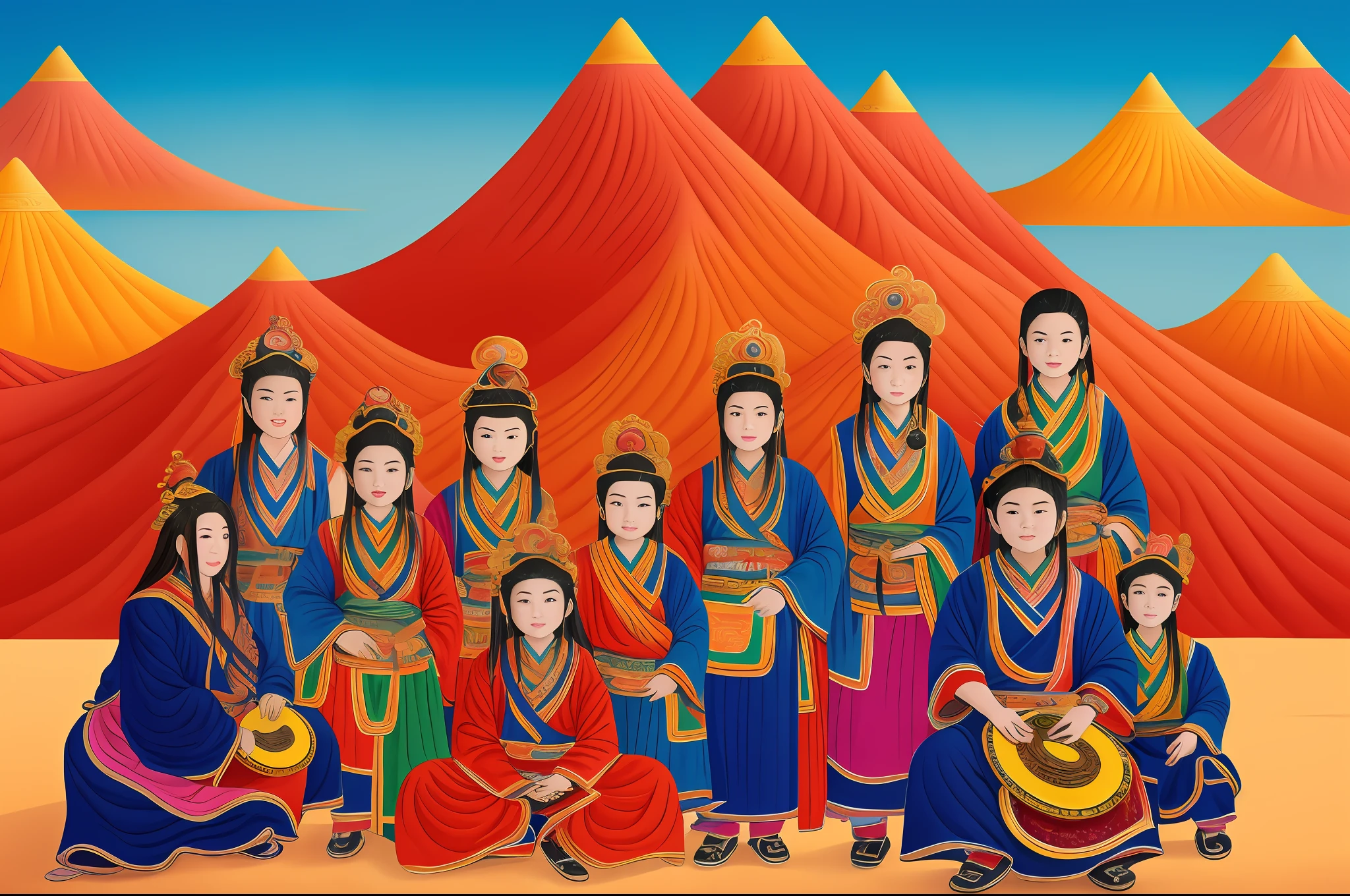 full-colour illustration, Color illustration, full art illustration, Poster illustration, Inspired by Gansu intangible cultural heritage music, Thangka,A desert,snow mountains，concert，Cultural tourism，Jiayuguan，Lanzhou，art cover illustration，Background Illustration，Don't be human，