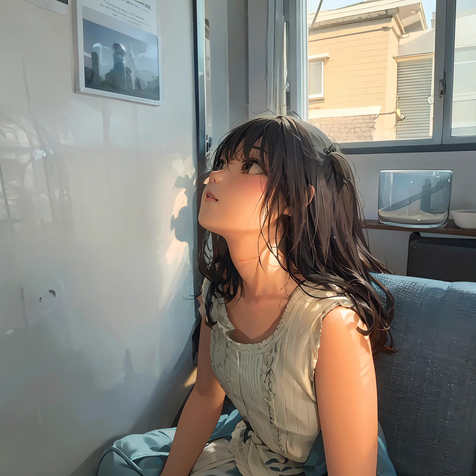 Alafi sat on the sofa,Looking out the window, lofi portrait at a window, taken with sony alpha 9, soft light from the window, taken with canon eos 5 d mark iv, next to a window, soft light from the side, near a window, near a window, taken with canon 8 0 d, afternoon sunlight
