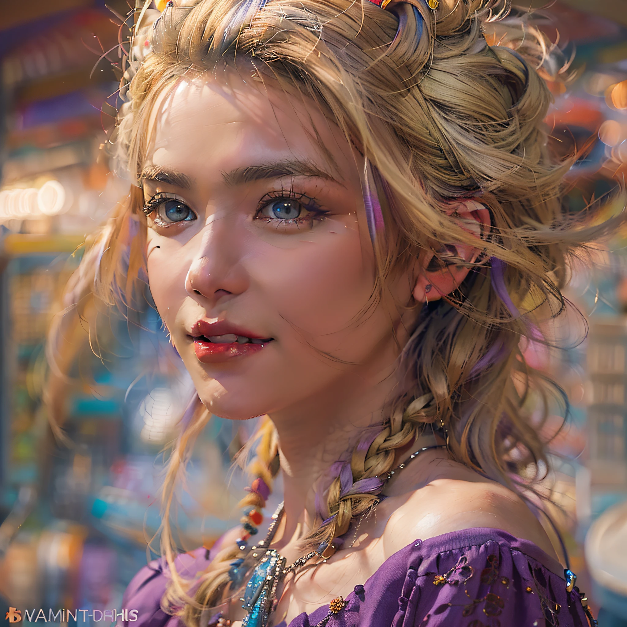 Elegant evening dress, very detailed eyes and faces, portraitures, bust, Night's, beachside, neonlight, french braid, colored inner hair, blonde hair, hair strand, star-shaped pupils, purple eyes, smiley, light smile, chiaroscuro, Surrealism, Hyperrealism, Mannerism, UHD, best quality, super detail, highres, high details, high quality, textured skin