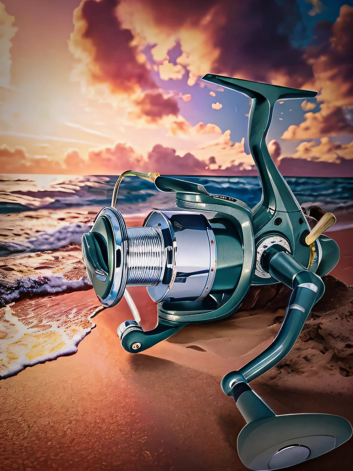 Close-up of a fishing reel on a beach by the ocean, 7 0 mm. Digital Art, Realistic scene, 3 d product render, fishing pole, detailed digital illustration, photo render, Beach, the robot has a fishing rod, in style of ultra realistic, bead and reel, sci-fiish landscape, high picture quality, High Quality Portrait, fishing
