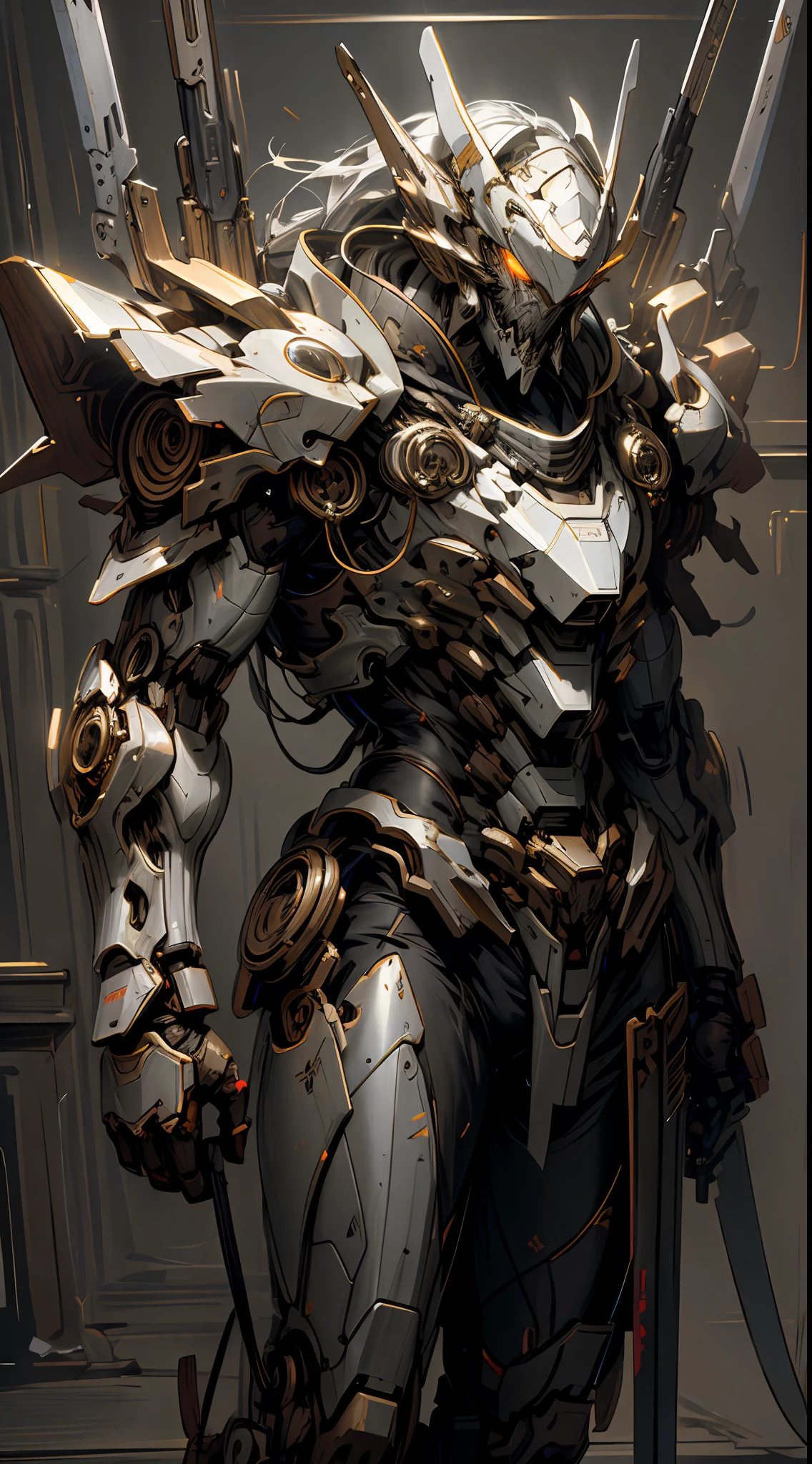 (Masterpiece, Best quality:1.3),extremly high detail, Intricate, Review of high-density imaging in 8K, Cinematic lighting,Mecha, Realistic,The great sword glowed,Glowing eyes,Hold a weapon。