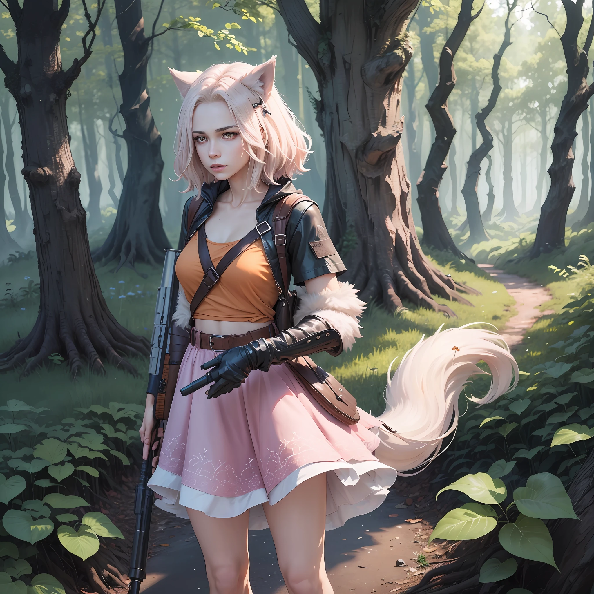 A werewolf girl with short blond hair and wolf ears, standing in the forest, dressed in a pink skirt and orange t-shirt, holding a rifle in her hand. --auto