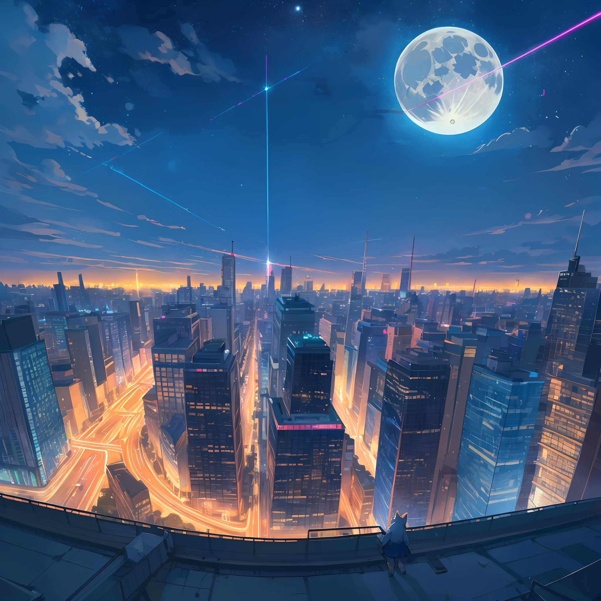 perspective, top quality, best quality, High-quality illustrations, masterpiece, Night sky, skyscraper, Shining neon, Illuminated billboards, Laser lights extending from buildings to the sky, full moon(highly detailed beautiful face and eyes)absurdres, perfect anatomy(angelic cute 1girl, kemono, solo focus)(furry anthro)low angle full shot, shot from behind,