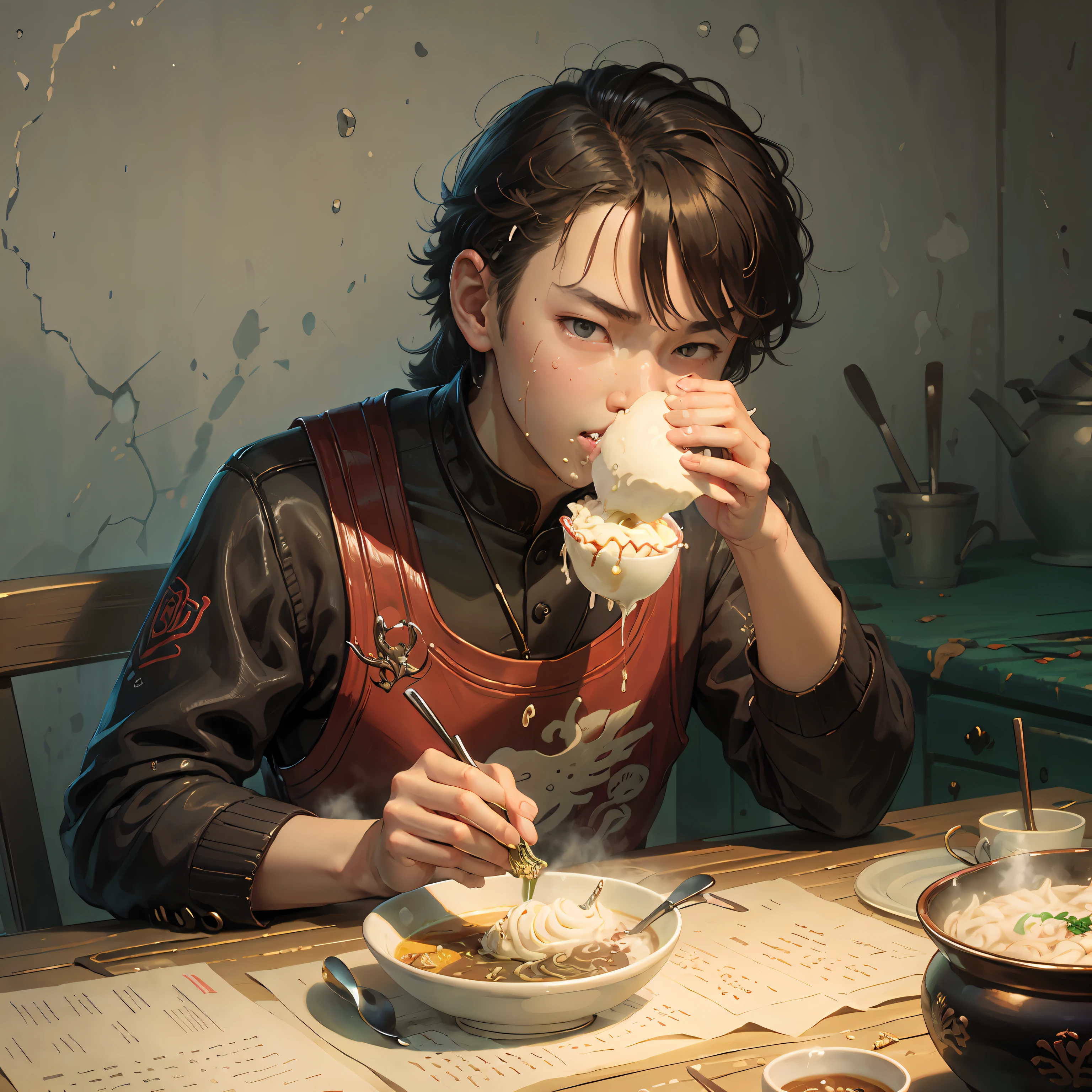 Boy eating a bowl of food with a spoon in a red cup, mukbang, kid, eating ice - cream, Eating noodles, Eating ice cream, frosting on head and shoulders, yanjun cheng, eating ramen noodles, messy eater, 2 years old, inspired by Tooth Wu, Gamine, Eating, kiddy big breasts, delicacy, author：Master of Han Chinese, yihao ren --auto