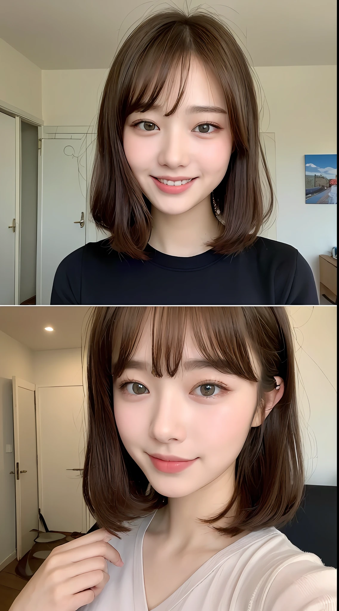 ((top-quality、8K、​masterpiece:1.3))、1girl in、kawaii:1.3、(Hairstyle Casual、small tits:1.2)、Korean Fashion:1.1、Super fine face、Delicat eyes、二重まぶた、a smile、home