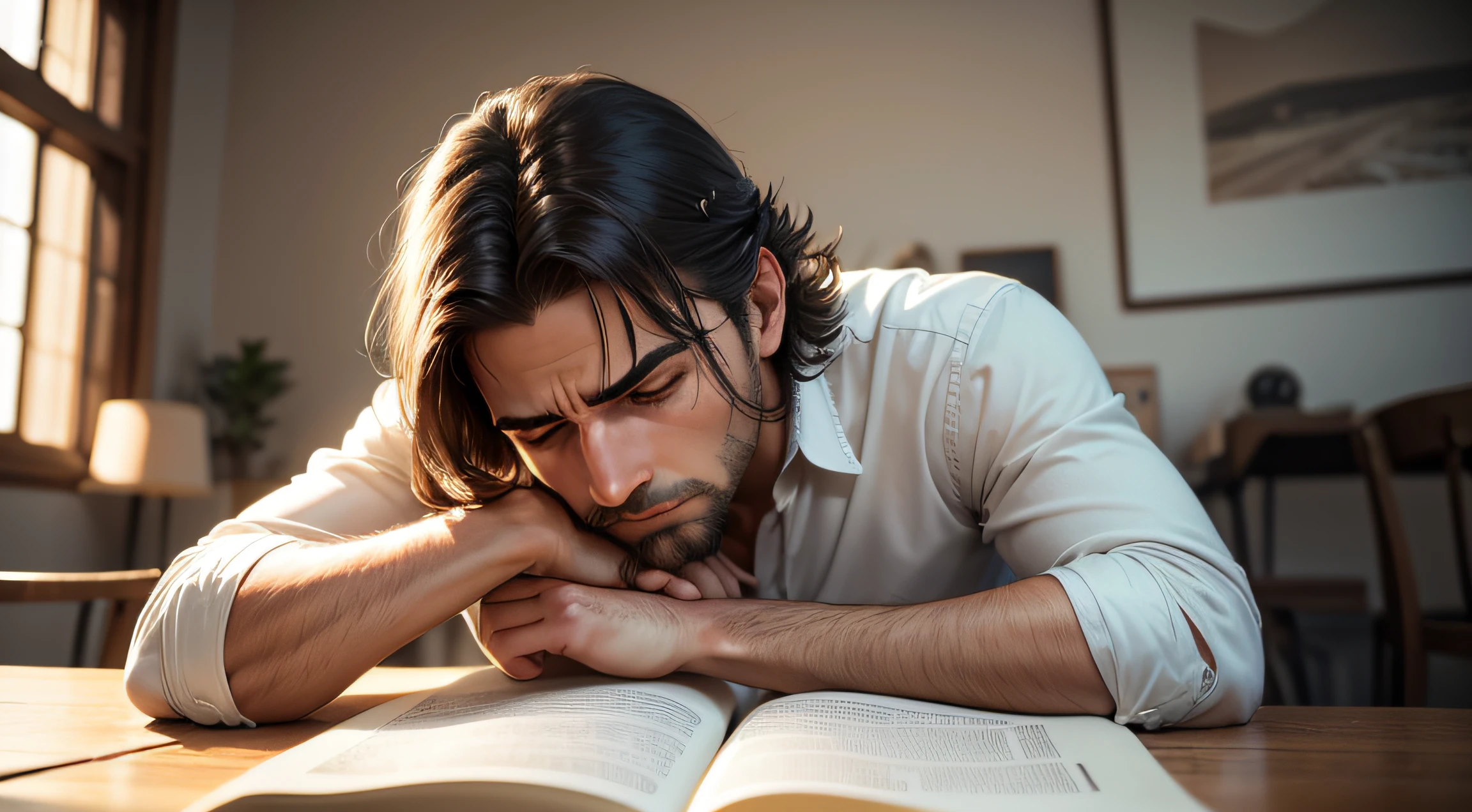 Descreva um homem sentado em uma mesa, with an open book in front of you. He is immersed in your thoughts, com os olhos fixos no livro, hands resting on chin. His expression is concentrated, but also reflective, as if he was trying to solve a difficult problem. The environment around him is quiet and tranquil, with a soft light illuminating the space. Detalhes como os fios de cabelo caindo sobre a testa, The wrinkles on the forehead and the creases in the book will help create a realistic and engaging image --auto