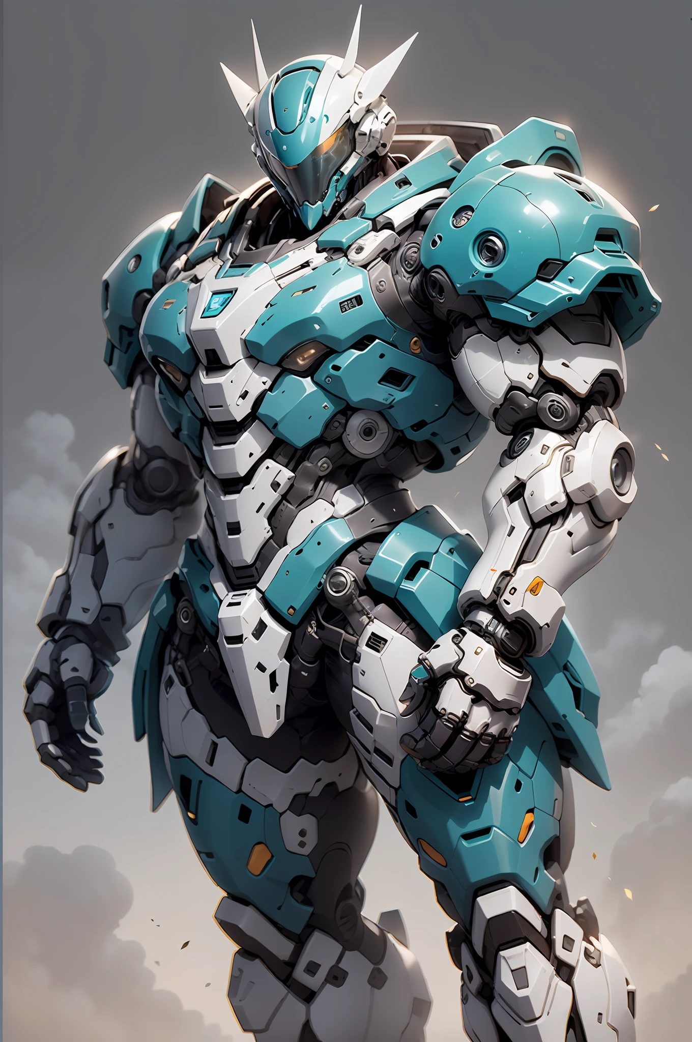 Teal and white theme，Cyan and white background，Tall mech，Blue-white mech，High-tech helmet，Simple appearance，muscular plump，squatt