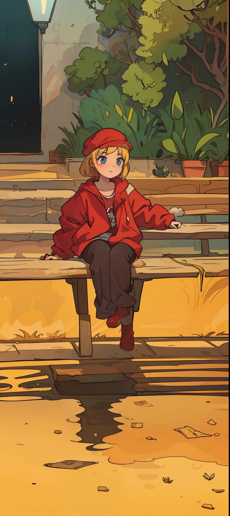 Make a drawing with.This photo is a girl who is wearing a red hat and blonde hair