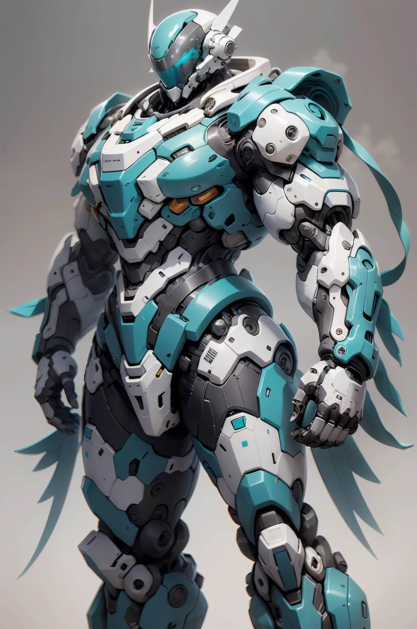 Teal and white theme，Cyan and white background，Tall mech，Blue-white mech，High-tech helmet，Simple appearance，muscular plump，squatt