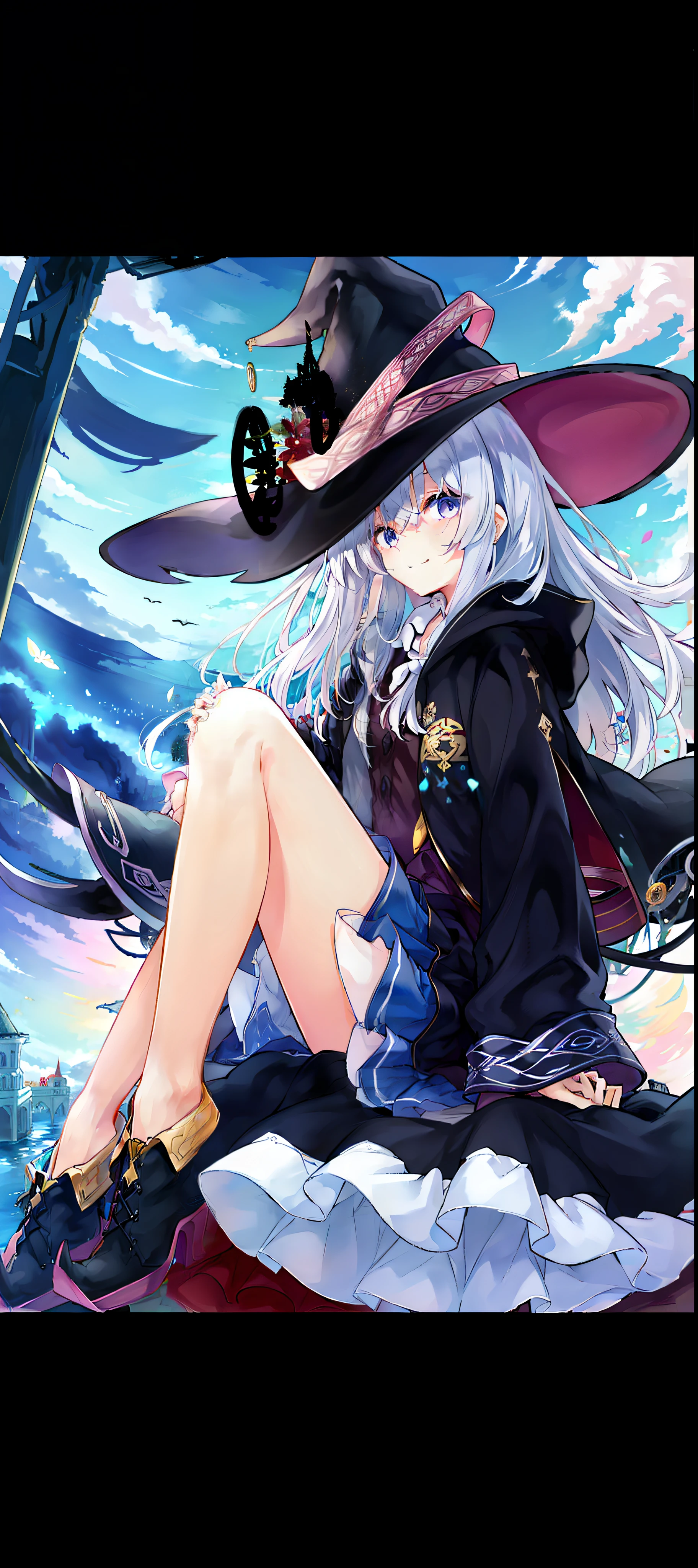 Anime girl in witch hat sitting on the ground, Guviz, flirty anime witch casting magic, the witch, Best anime 4k konachan wallpaper, Guweiz in Pixiv ArtStation, fashionable dark witch, mechanized witch girl, zerochan art, from touhou, Guweiz on ArtStation Pixiv, demon anime girl