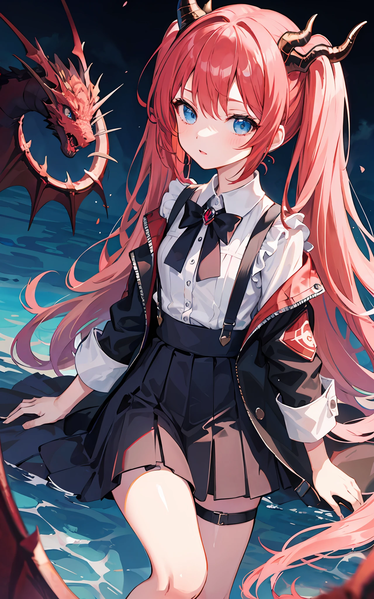 {{best quality}}, {{masterpiece}}, {{ultra-detailed}}, {illustration}, {detailed light}, red hair,blue eyes,twintails,lolita,Suspenders skirt,Fantastic,loli,solo,Dragon horns,little girl,long hair