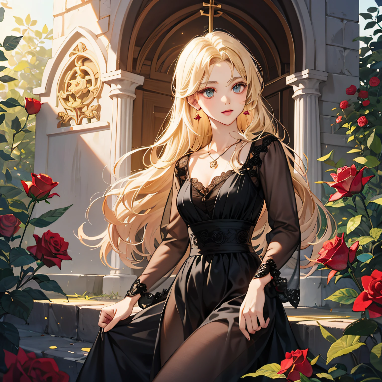 a blond,Princess Cut,odd eye,Older sister,diet,long,Red Rosa,tiarra,Black Dress,curlyhair,small tits,Cool,Rose Dress,embroideries,oriental,A sexy,Sareme,,Only one person,garden,Pendants,chapel