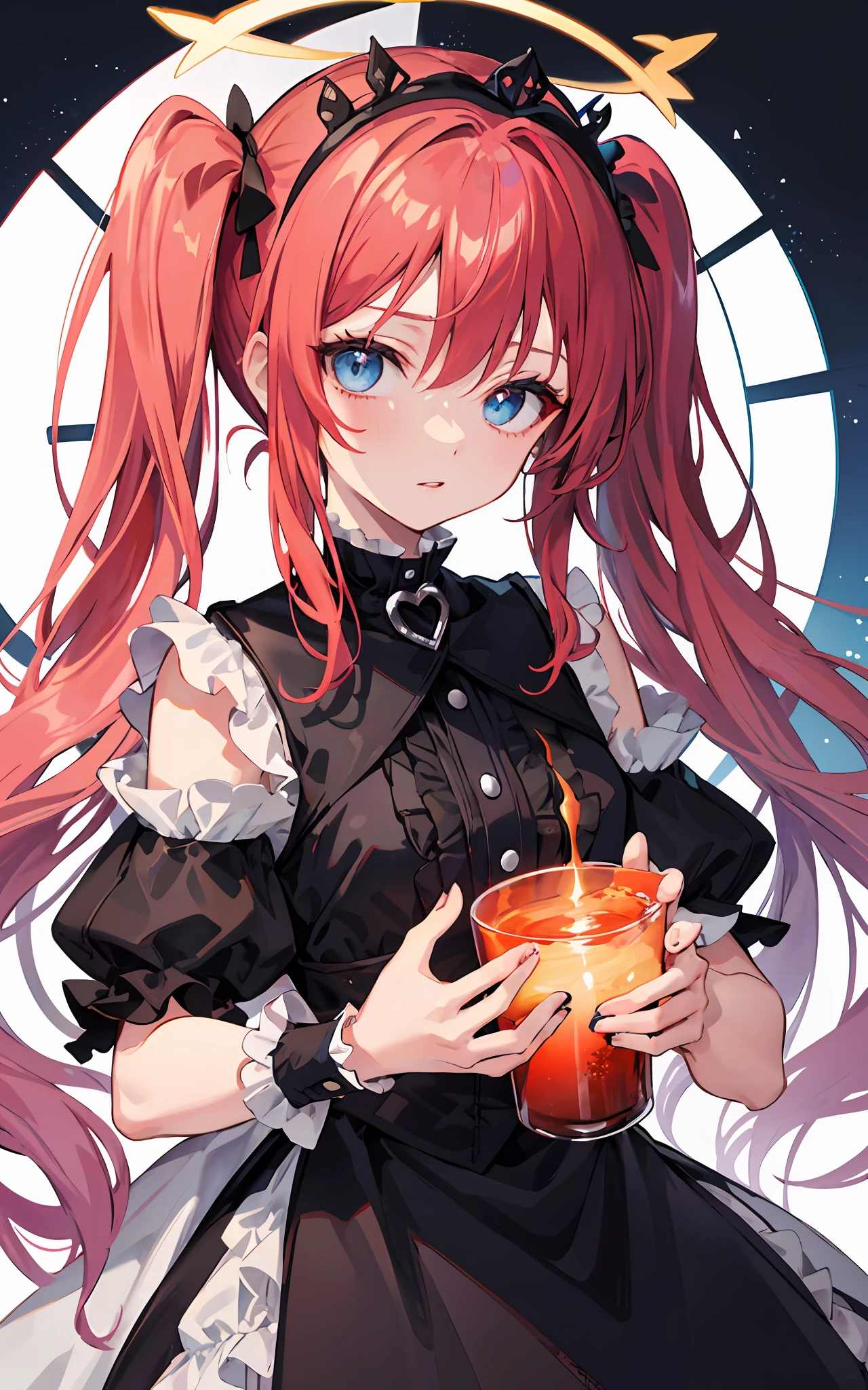 {{best quality}}, {{masterpiece}}, {{ultra-detailed}}, {illustration}, {detailed light}, Red hair, Blue eyes, twintails, Goth Lolita, Darkgoth, Collar,Crown tiara,pride,solo,loli,Long hair, halo