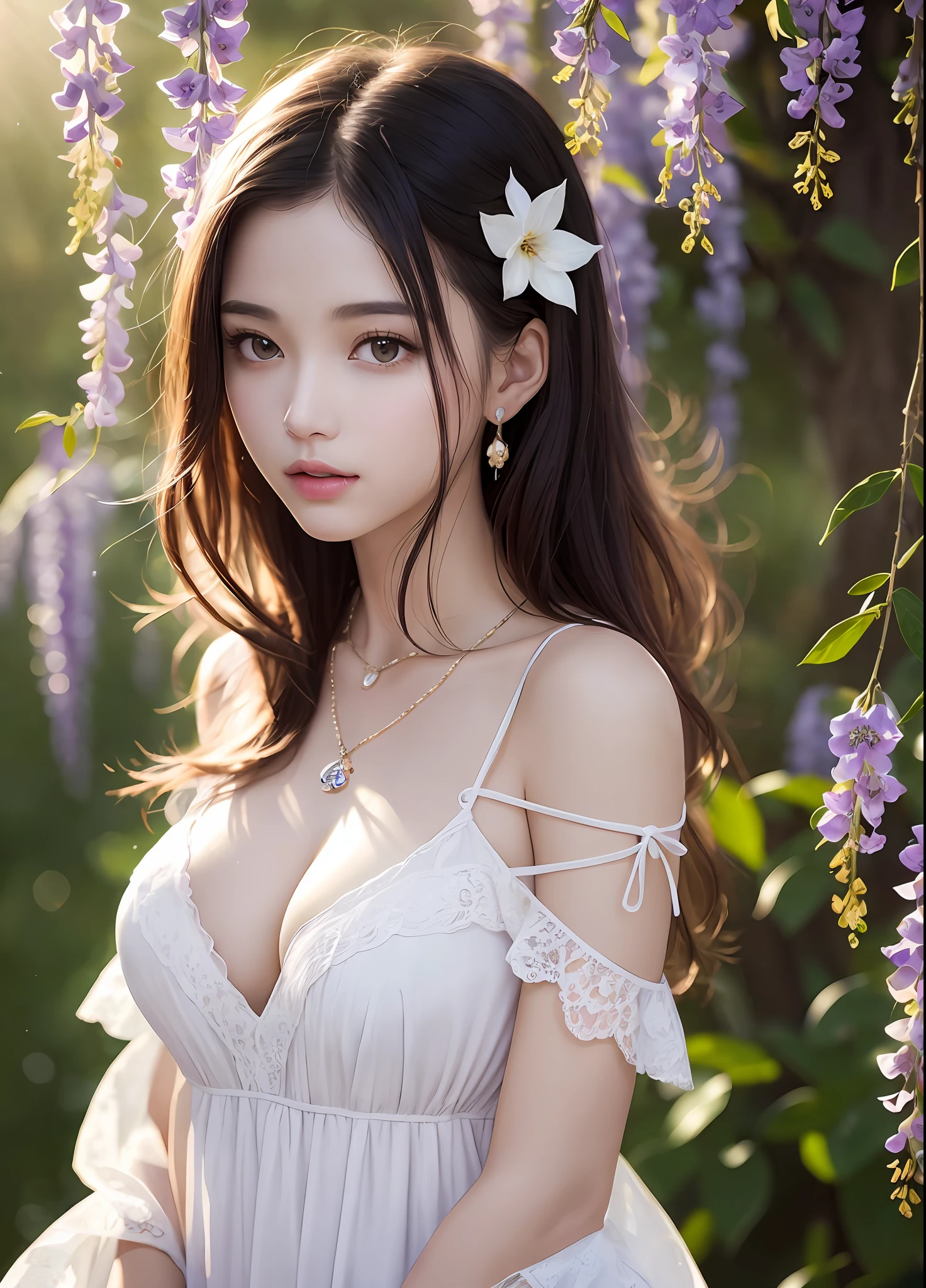 Beautuful Women、(top-quality、in 8K、32K、masterpiece、nffsw:1.3)、(Photorealsitic:1.4)、realisitic:1.2、Detailed skin、Elegance、top grade、Sunglare、lensflare、Detailed shading by sunlight、depth of fields、blurry backround、( White off-the-shoulder dress)、Wisteria shelf、Wisteria flower background、ear ornament、lady's、a necklace、(A sexy:1.2)、breastsout、