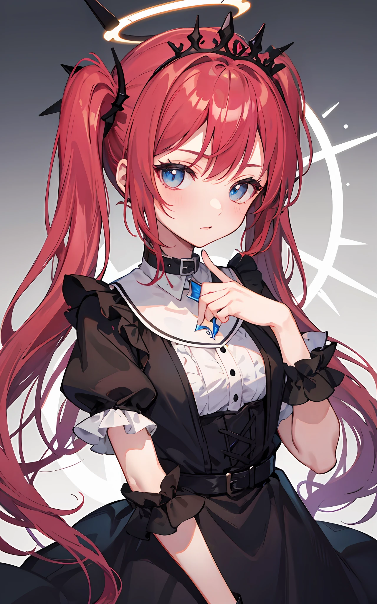 {{best quality}}, {{masterpiece}}, {{ultra-detailed}}, {illustration}, {detailed light}, Red hair, Blue eyes, twintails, Goth ****ta, Darkgoth, Collar,Crown tiara,pride,solo,****,Long hair, halo