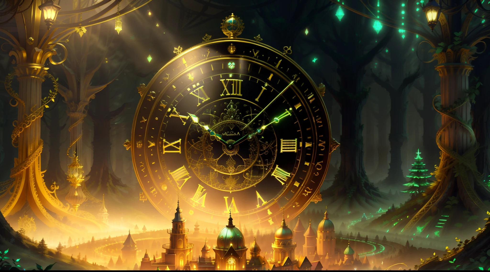 Photo of a large hand holding an antique gold watch  (highes definition) (obra-prima) (Ultra Detalhado), A mini city under the clock, magia-fantasia-floresta, Arte Digital, most amazing art in the world, ((Sem humanos)), light volumetric, cores suaves equilibradas, forest scenario, videiras, UHD, render de octanas 8k, magia, Awesome, Ethereal, intrincado, design intrincado, Ultra sharp, Sombras, cores mais frias, trend in CGSociety, olhos brilhantes, ((melhor qualidade)), ((obra-prima)), (detalhado), antique clock