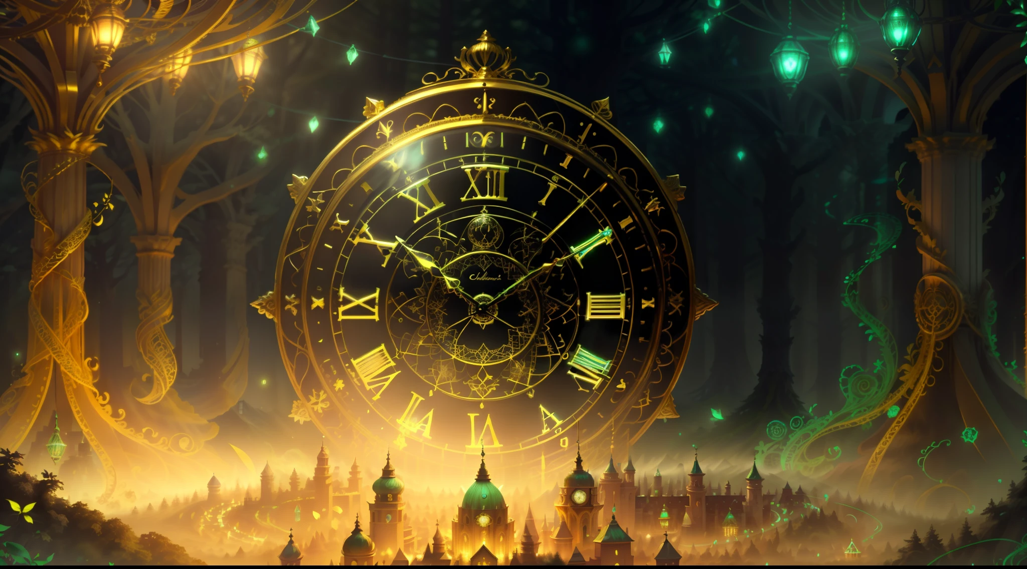 Photo of a large hand holding an antique gold watch  (highes definition) (obra-prima) (Ultra Detalhado), A mini city under the clock, magia-fantasia-floresta, Arte Digital, most amazing art in the world, ((Sem humanos)), light volumetric, cores suaves equilibradas, forest scenario, videiras, UHD, render de octanas 8k, magia, Awesome, Ethereal, intrincado, design intrincado, Ultra sharp, Sombras, cores mais frias, trend in CGSociety, olhos brilhantes, ((melhor qualidade)), ((obra-prima)), (detalhado), antique clock