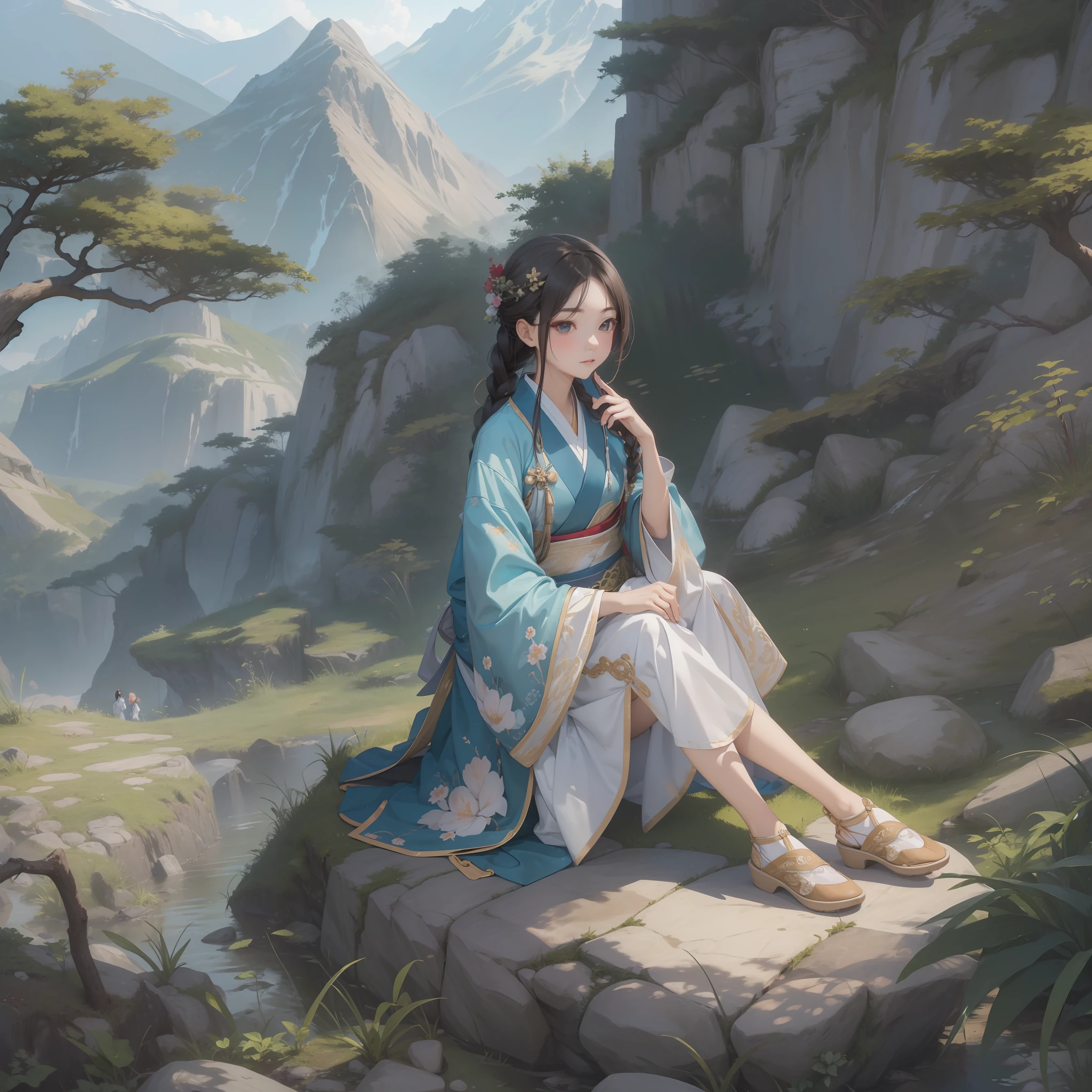 (Masterpiece), (Best quality), (Ultra-detailed), gongbi, 1girll, Solo, Braid, Hanfu, flat shoes, upper legs, is sitting on a rock, plant, Outdoors, Mountain, scenery, sigils