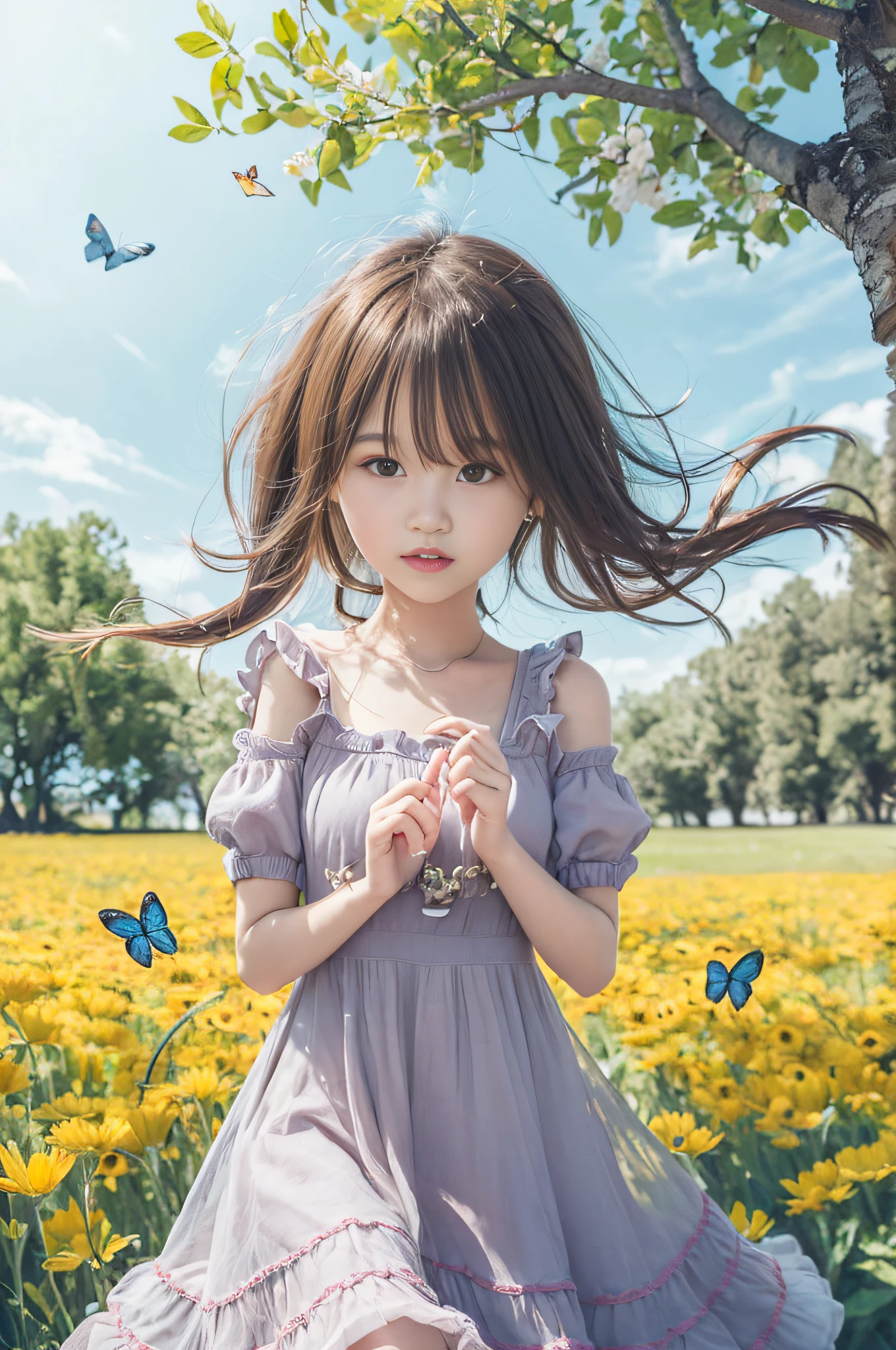High Detail, Ultra Detail, 8K, Ultra High Resolution A cute and innocent girl, child, toddler, enjoying her time in the open field, surrounded by the beauty of nature, warm sun sprinkling on her, wildflowers gently swaying in the breeze. Butterflies and birds flutter around her, adding to the playful atmosphere,