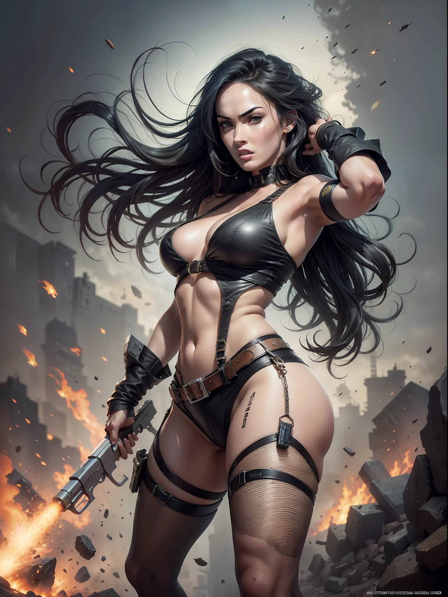 Megan Fox with Big Gun in action movie, Luis Royo Estilo 8K