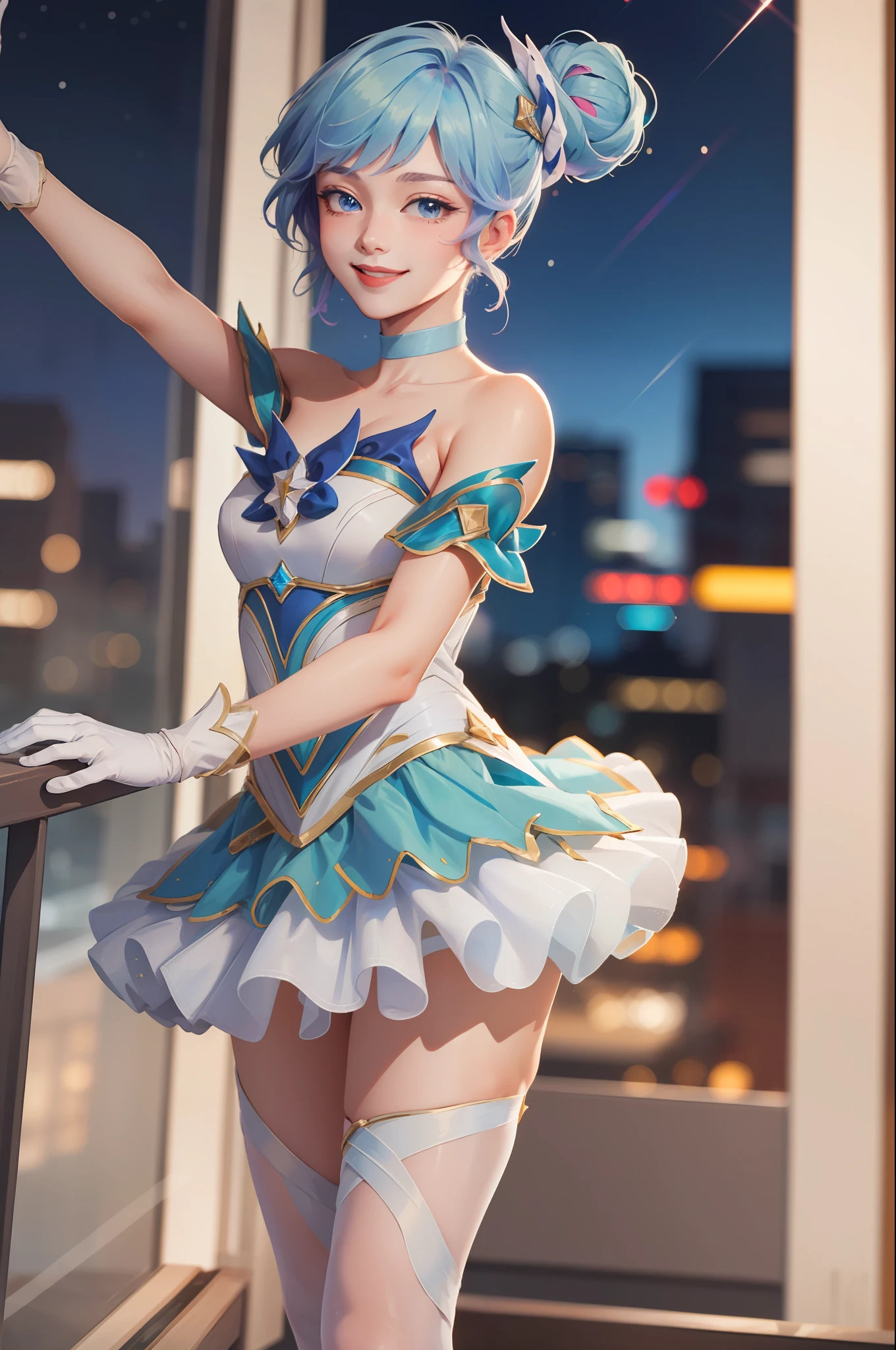 (Masterpiece:1.4), (Best quality:1.2), star guardian orianna, Blue hair, hair-bun, Ballerina, Short dress, White gloves, Smile, Upper body, Cowboy shot