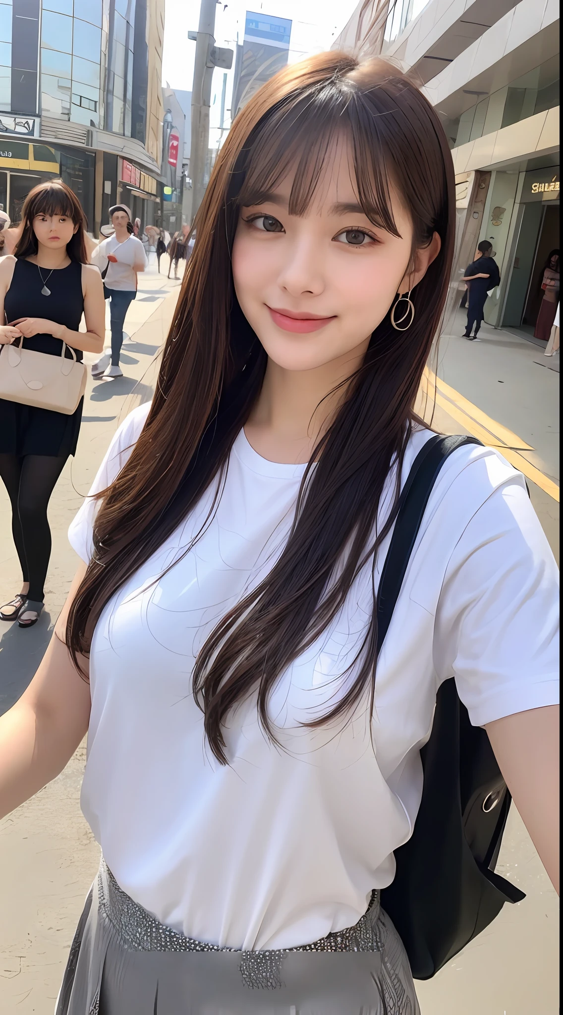 (8k, RAW photos, top quality, masterpiece: 1.2), ultra detailed, super resolution, (real, real photos: 1.37), portraits, high definition RAW color photos, professional photos, very detailed and beautiful, highly detailed, 8k wallpapers, amazing details, huge file size, official art, highly detailed CG Unity 8k wallpapers, highly detailed beautiful girls, highly detailed facesHighly detailed eyes, highly detailed skin, highly detailed fingers, Highly detailed nose, Highly detailed detailed mouth, Perfect anatomy, Highly detailed background, Highly detailed clothing, One Girl, (18:1.2), , cute girl, famous Japan idol, cute, realistic body, petite, white skin, radiant skin, slim body, handsome body, brown hair, short constricted curly hair, (blunt bangs:1.2), Smile, Cute, Youthful, Pretty Face, Realistic Face, Delicate Eyes, Saggy Eyes, White T-Shirt, Skirt, Earrings, Camera Gaze, Cowboy Shot, Front Face, Standing Figure, Contrappost, High Street, Public, Dynamic Lighting,
