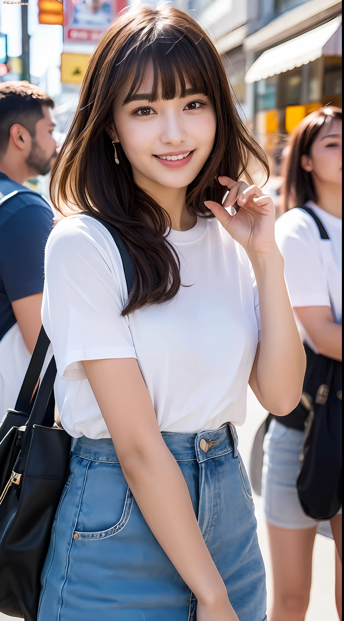 (8k, RAW photos, top quality, masterpiece: 1.2), ultra detailed, super resolution, (real, real photos: 1.37), portraits, high definition RAW color photos, professional photos, very detailed and beautiful, highly detailed, 8k wallpapers, amazing details, huge file size, official art, highly detailed CG Unity 8k wallpapers, highly detailed beautiful girls, highly detailed facesHighly detailed eyes, highly detailed skin, highly detailed fingers, Highly detailed nose, Highly detailed detailed mouth, Perfect anatomy, Highly detailed background, Highly detailed clothing, One Girl, (18:1.2), teen, cute girl, famous Japan idol, cute, realistic body, petite, white skin, radiant skin, slim body, handsome body, brown hair, short constricted curly hair, (blunt bangs:1.2), Smile, Cute, Youthful, Pretty Face, Realistic Face, Delicate Eyes, Saggy Eyes, White T-Shirt, Skirt, Earrings, Camera Gaze, Cowboy Shot, Front Face, Standing Figure, Contrappost, High Street, Public, Dynamic Lighting,