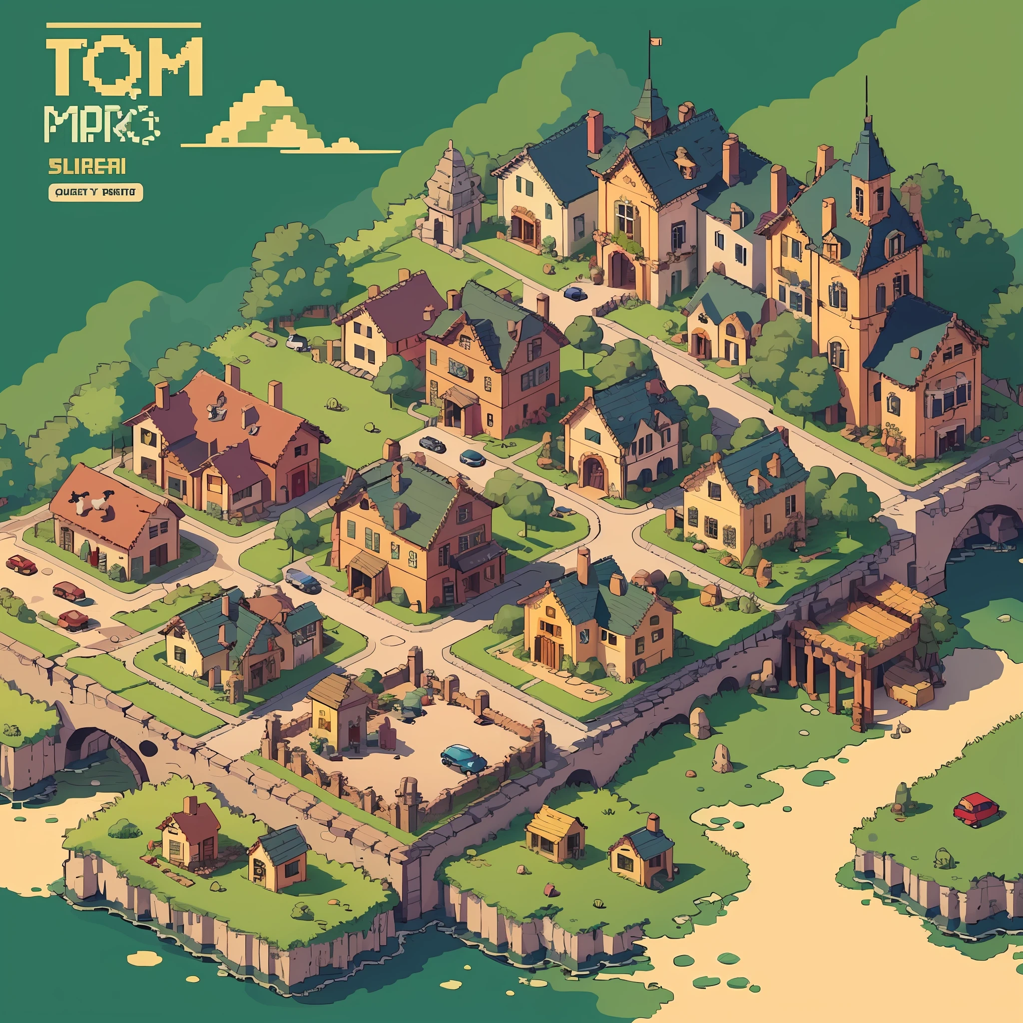 top quality, best quality, High-quality illustrations, masterpiece, mother2 map, town, load, car, pixel art, dots, Quarter View, Isometric View,