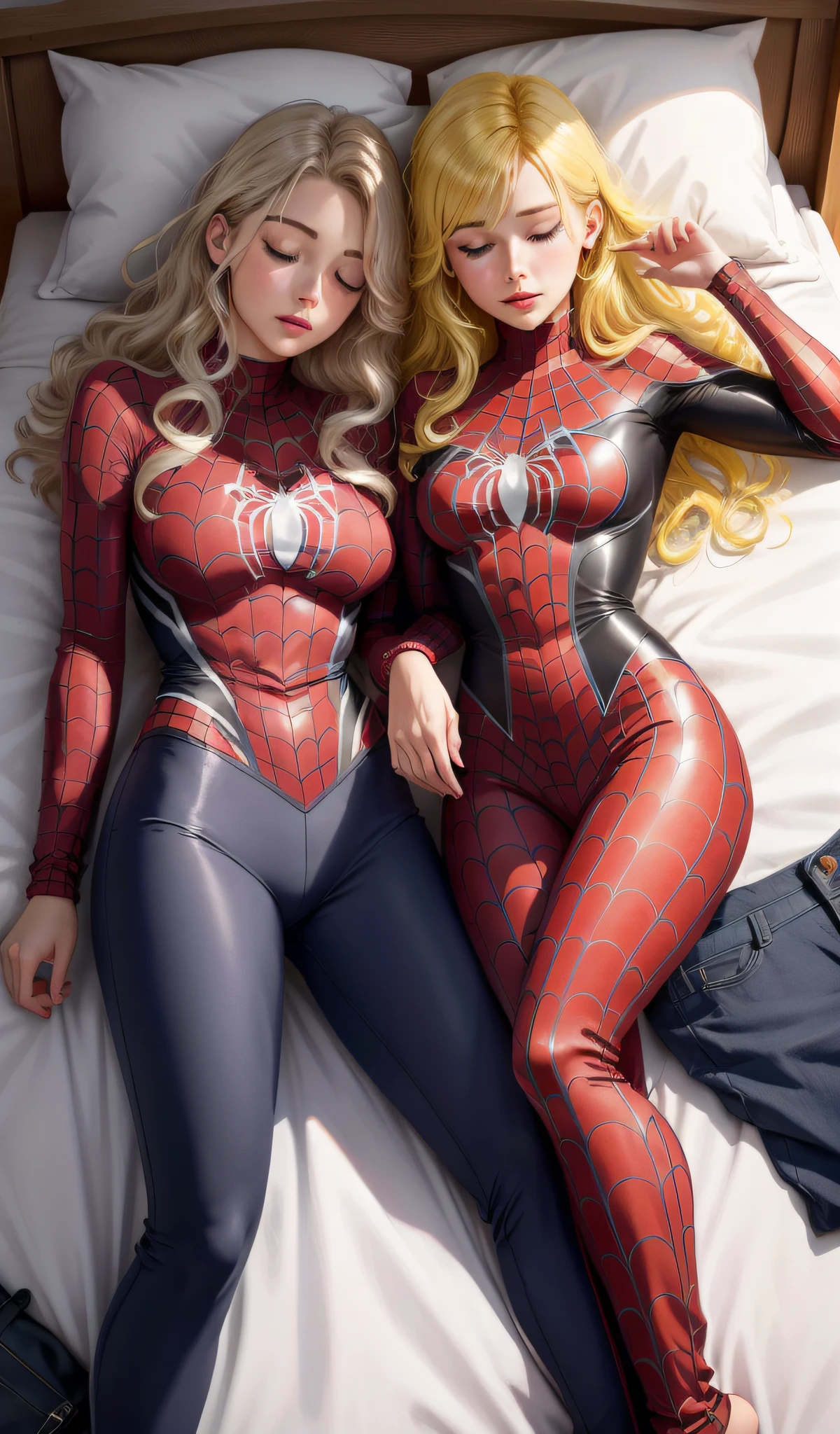 “（（Realistis））），（（（woman）））），straight from real life，with yellow hair，dressed in（pyjamas_Pink）Pink pajamas and Spider-Man pants lying on bed，，Sleeping female Spider-Man，Sleeping on the Bed