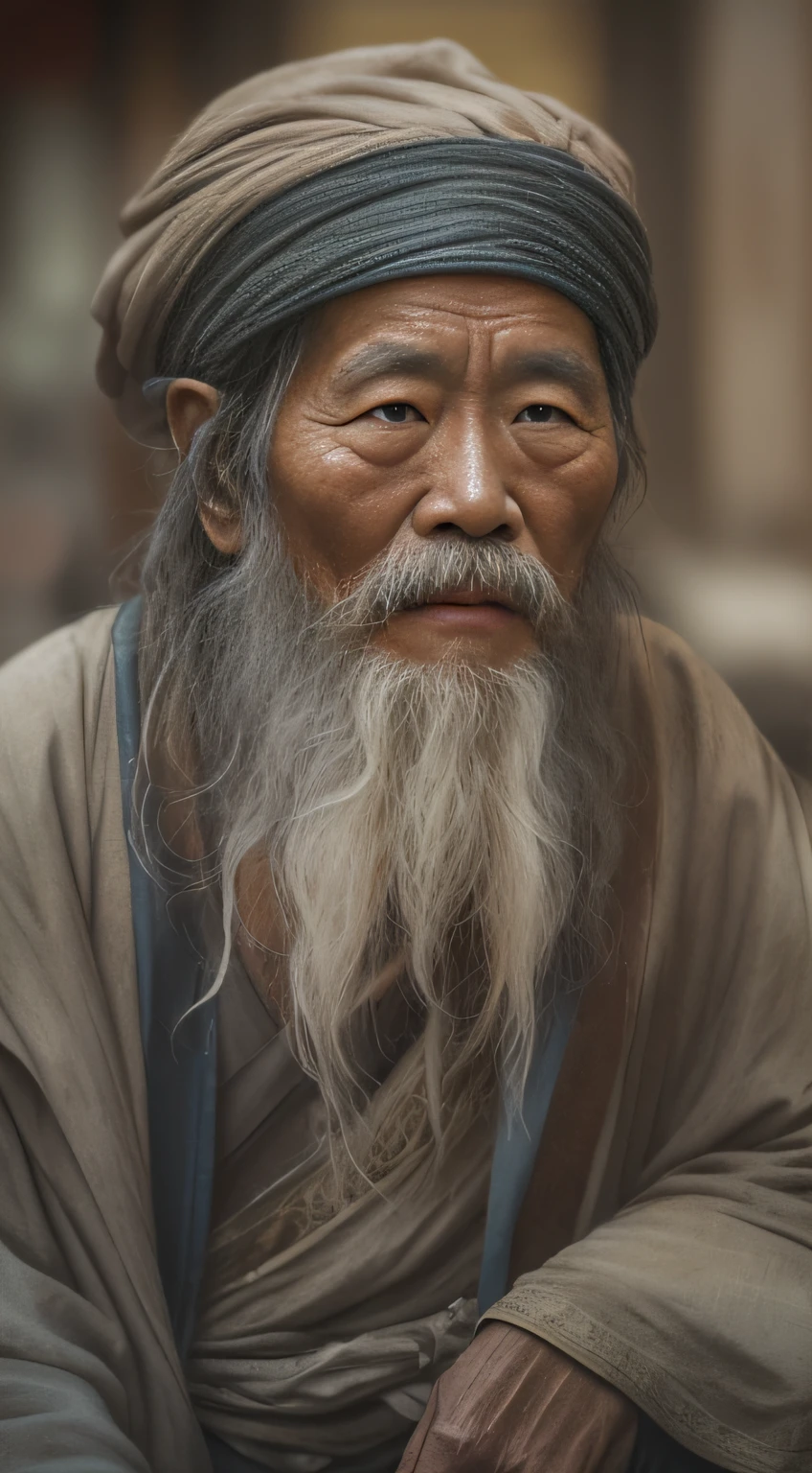 An old beggar，tmasterpiece，top-quality，best qualityer，offcial art，Beautiful and beautiful，realisticlying，The background is blurred out，Asian face，chineseidol，mtu，Upper body effect，The beard is long