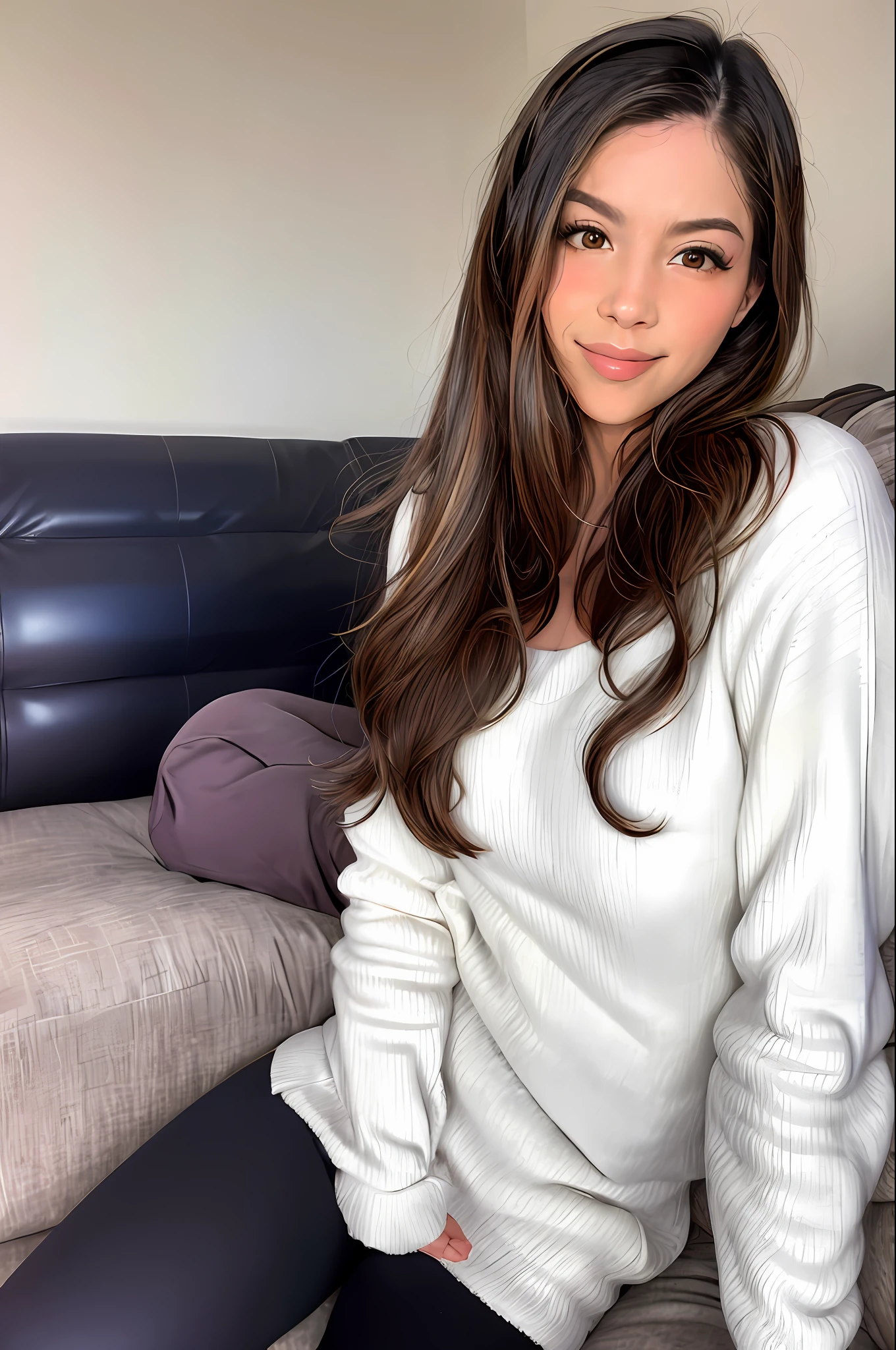 foto de corpo inteiro de (Woman lying on a couch, wearing a cozy sweater, leggings e meias felpudas. pequeno sorriso), (rosto realista detalhado), (((hiperdetalhado))), ampliado, symmetrical face, pupila detalhada, olhos expressivos, Casey Baugh, Michael Garmash, Sophie Anderson, hasui kawase, maquiagem, fotografia real, olhar moderno, fotografia real (Realisitc:1.5), background de Bariloche com neve ao fundo