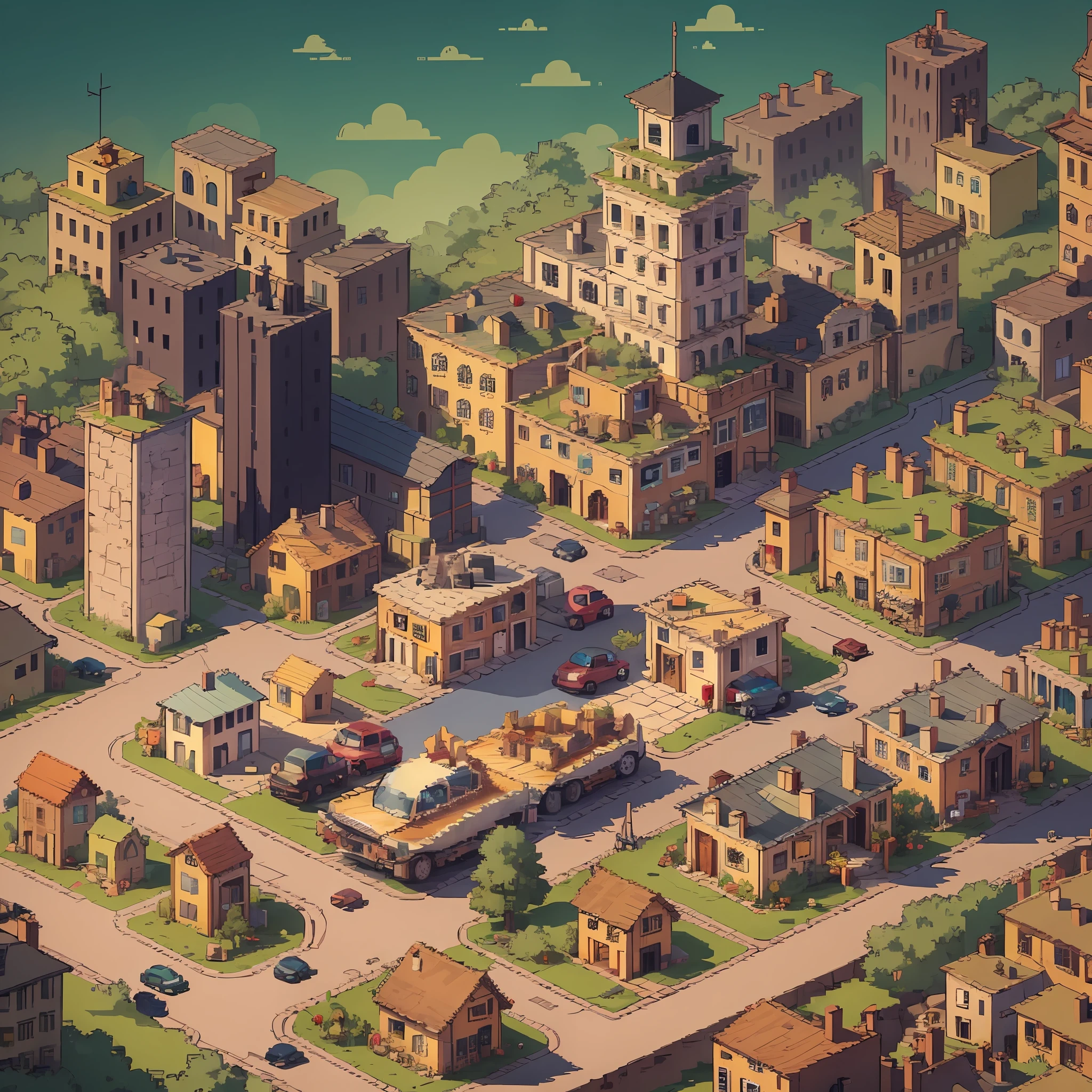 top quality, best quality, High-quality illustrations, masterpiece, mother2 map, town, load, car, pixel art, dots, Quarter View, Isometric View,