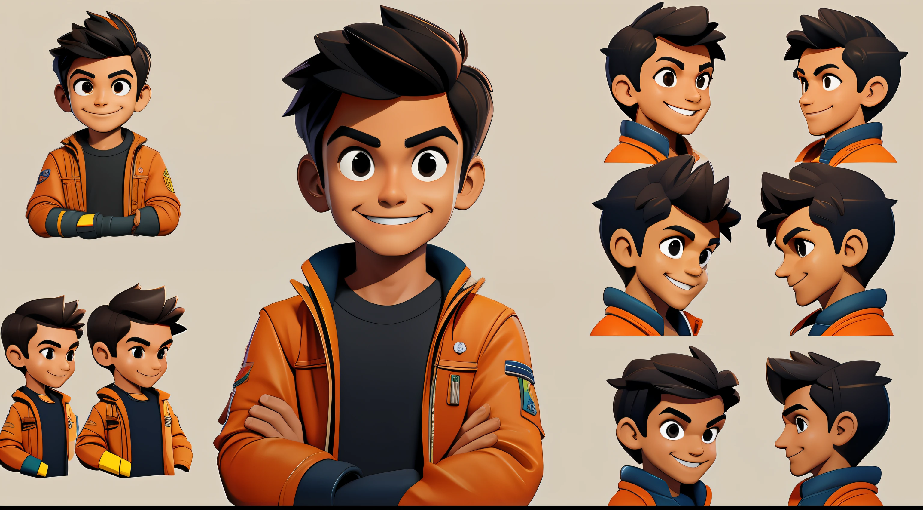 Sketches of a Brazilian São Paulo boy body head with an orange mechanic's jumpsuit , folded arms, smiling looking with brown eyes with wrench in hand High quality character design, arte de design de personagem, arte infantil em artstation, design de personagem altamente detalhado, arte conceitual de desenho animado, design de personagem, design de personagem profissional, arte conceitual de design de personagem, Colorful concept art design illustration, arte de conceito de personagem, design de personagem estilizado, em fundo branco [ design de personagem