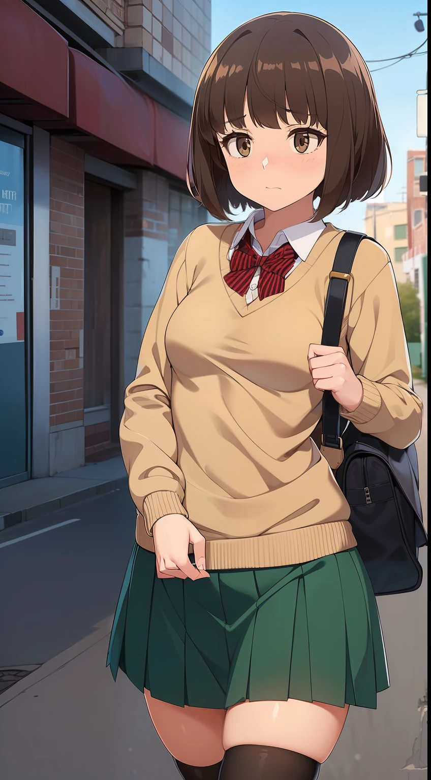 ((((kipteitei art)))), ((highres)),Masterpiece, high quality, best quality, beautiful, perfect lighting, detailed face, ultra cute face, ((1girl)), ((solo), brown hair, bob cut, bangs, ((fluffy hair)), brown eyes, nervous look, shy, blush, ((school uniform)), ((tan Blaser sweater)), school bag on shoulder, thigh highs, green skirt, outside, walking though suburb, ((small breasts)), perky breasts, wide hips, thick thighs, 19 year old girl,