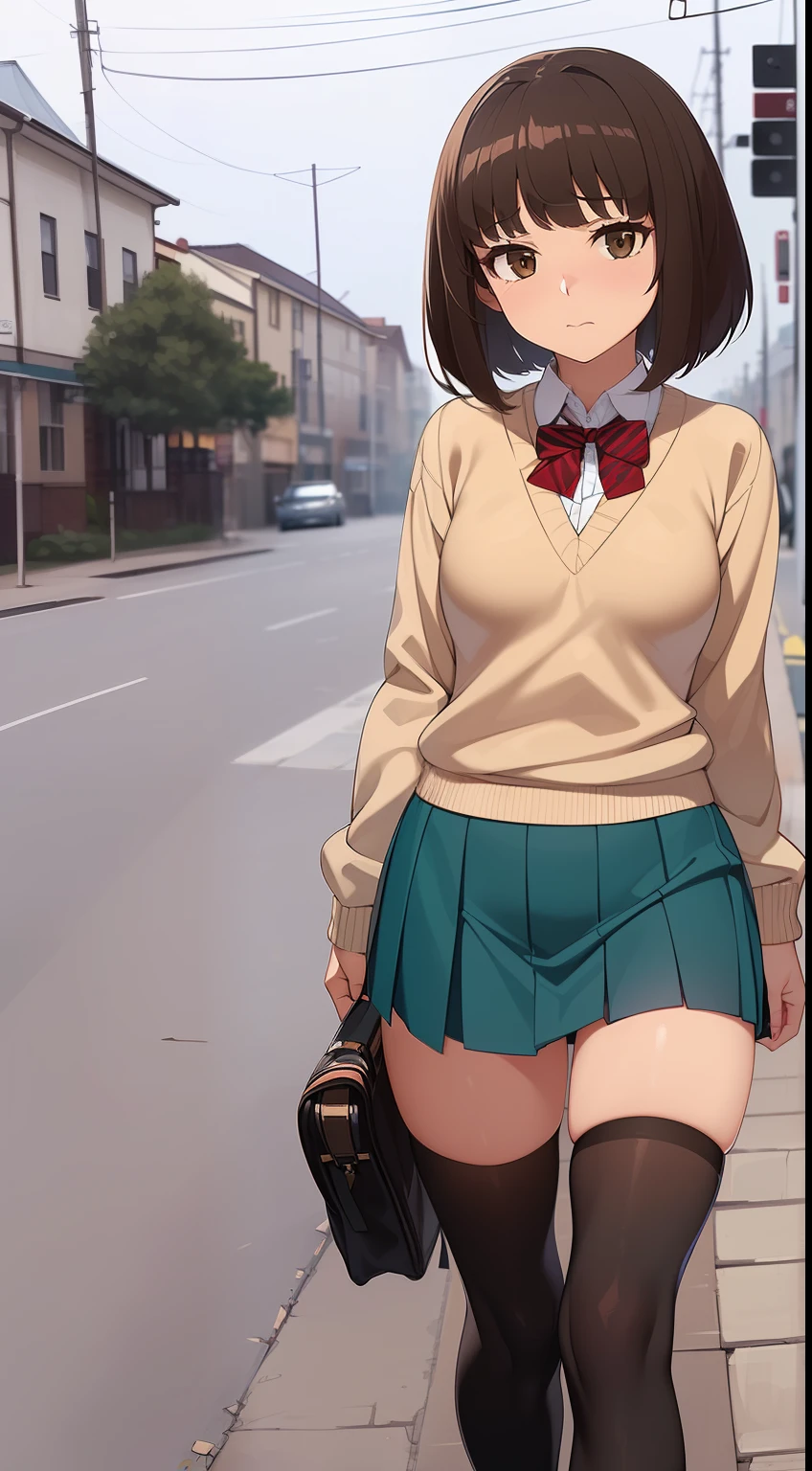 ((((kipteitei art)))), ((highres)),Masterpiece, high quality, best quality, beautiful, perfect lighting, detailed face, ultra cute face, ((1girl)), ((solo), brown hair, bob cut, bangs, ((fluffy hair)), brown eyes, nervous look, shy, blush, ((school uniform)), ((tan Blaser sweater)), school bag on shoulder, thigh highs, green skirt, outside, walking though suburb, ((small breasts)), perky breasts, wide hips, thick thighs, 19 year old girl,