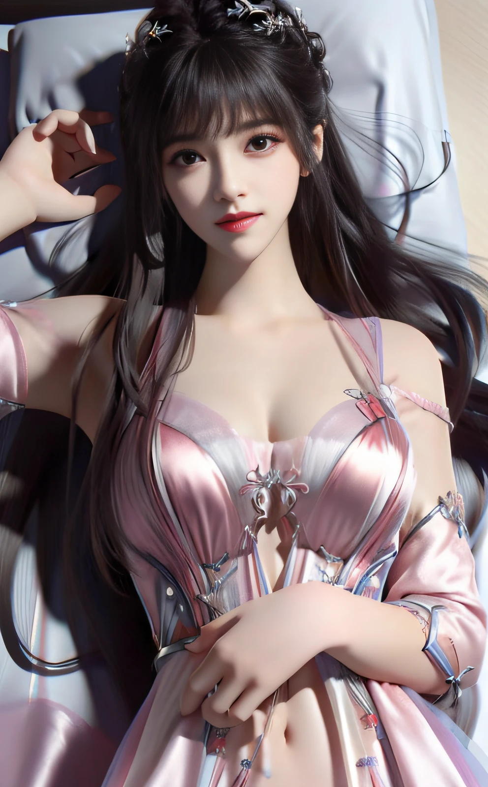 UHD, textured skin, high details, high quality, super detail, best quality, HD, 8k, Highres Ultra HD, Textured skin, High details, High quality, Super detail, Best quality, HD, 8K, High"（（Realistis））），（（（woman）））），straight from real life，has cleavage（Hair_Red），dressed in（pyjamas_Pink）Purple nightdress sleeping on bed，Expose the navel and armpits。