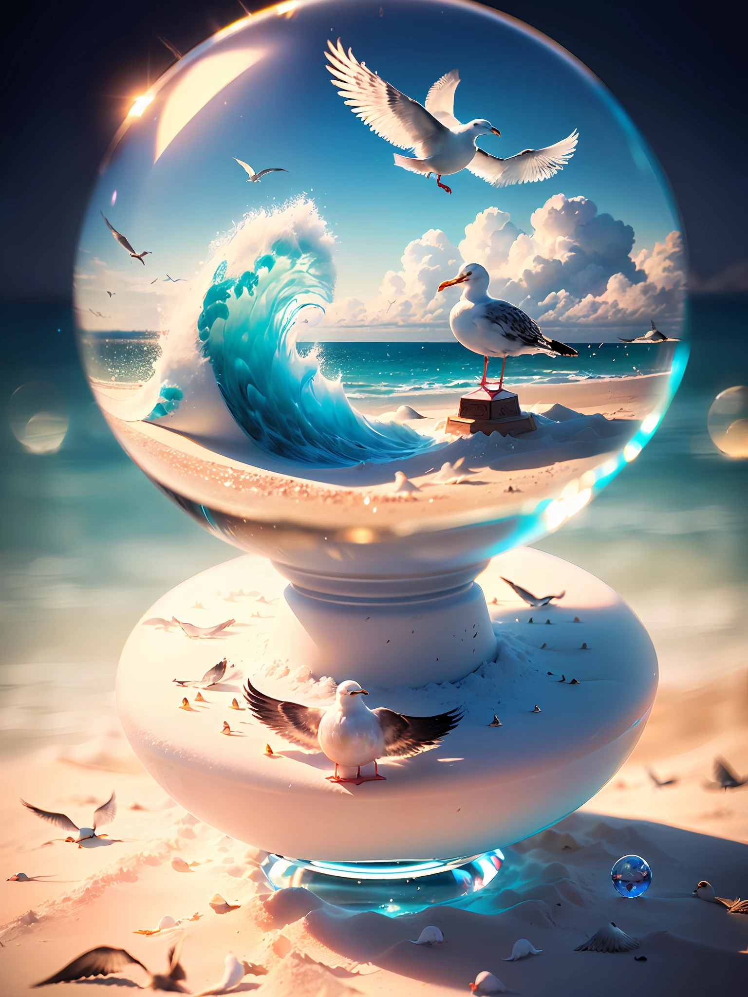 Hyper-realistic、16K High Resolution、(Maximum Sharp Focus:1.3)、(Maximum Close-up:1.5)、(Seagulls trapped in a crystal ball with a pedestal on a table:1.4)、(White sand、Blue Wave、White fog、black clouds:1.4)、(Large bokeh background that is not in focus at all:1.5)