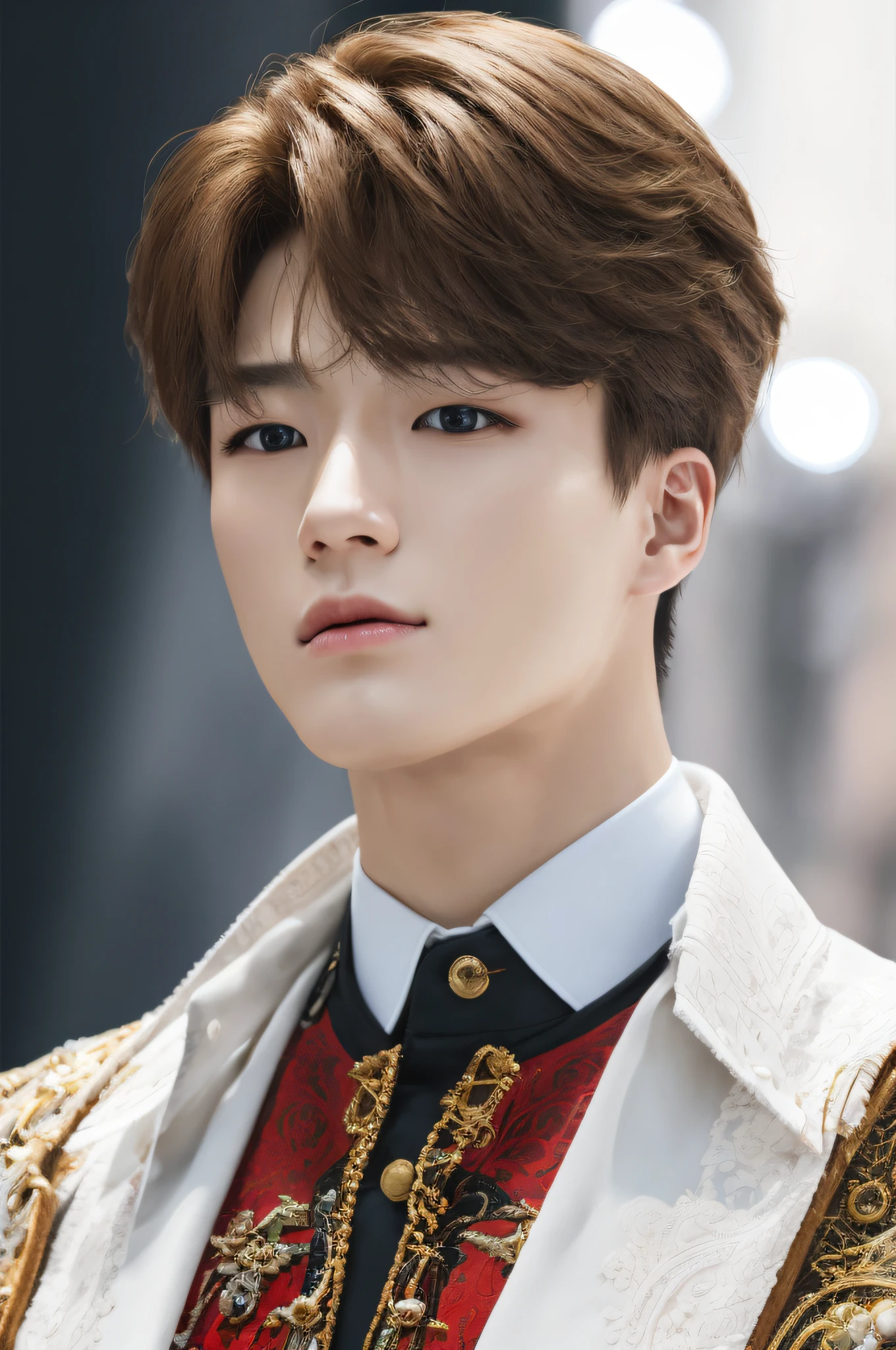 jenov2, facing front, (masterpiece, ultra quality, high resolution, 8k, intricate: 1.2), (detailed face:1.2), kpop outfit, handsome, medium length hair, detailed skin, pores, absurdres, 1boy, male focus, ((realistic)), good lighting quality,  ((pale skin)), brown eyes, stage background, perfect,