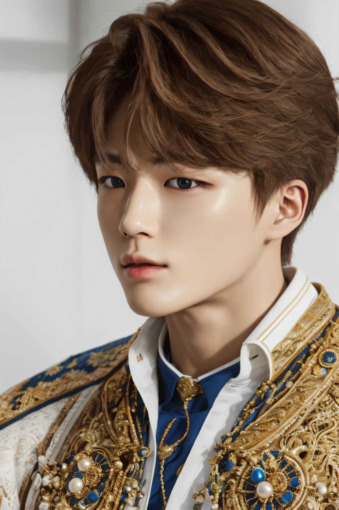 jenov2, facing front, (masterpiece, ultra quality, high resolution, 8k, intricate: 1.2), (detailed face:1.2), kpop outfit, handsome, medium length hair, detailed skin, pores, absurdres, 1boy, male focus, ((realistic)), good lighting quality,  ((pale skin)), brown eyes, stage background, perfect,